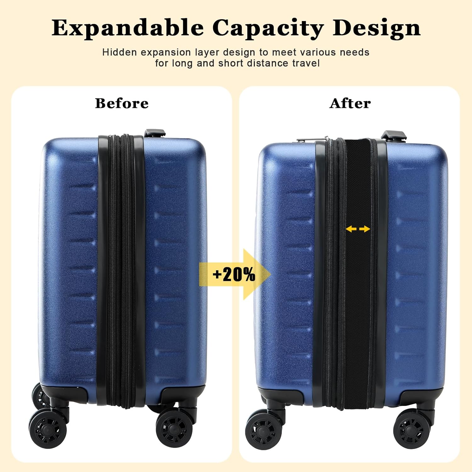 16 Inch Carry On Luggage Airline Approved, Expandable Lightweight ABS+PC Hard Shell Suitcases with
