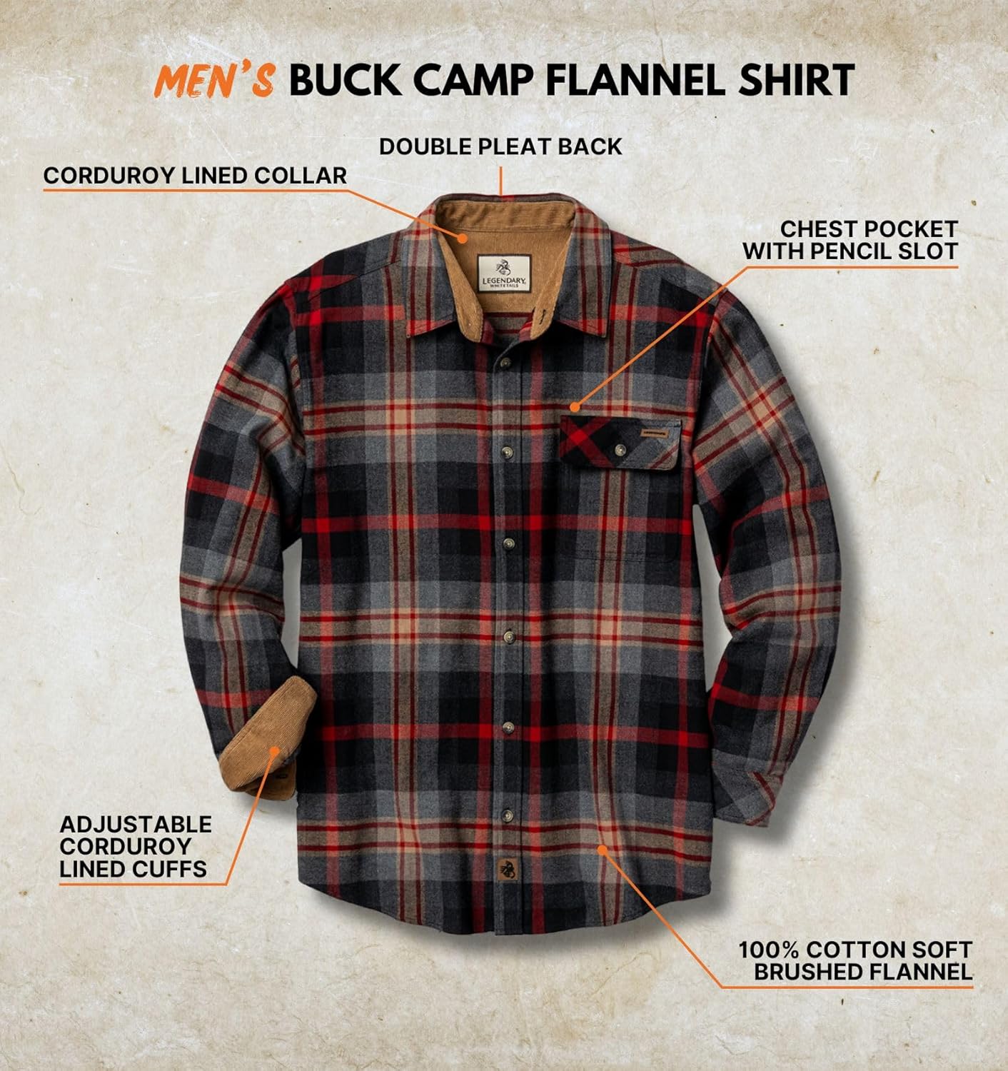 Legendary Whitetails Men's Flannel Shirt Long Sleeve Button Down 100% Cotton