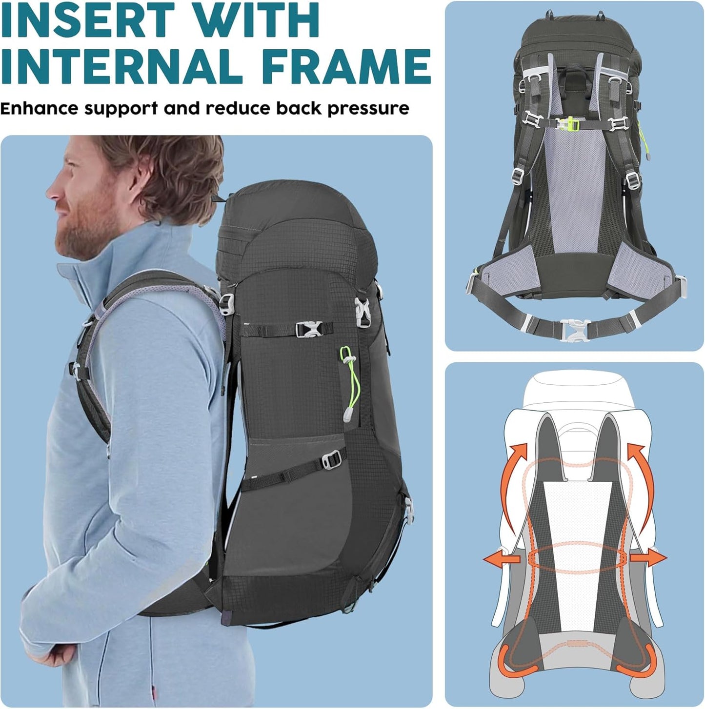 N NEVO RHINO Internal Frame Hiking Backpack 50/60/65/70/80L, Mountain Climbing Camping Backpack Daypack Waterproof Rain Cover