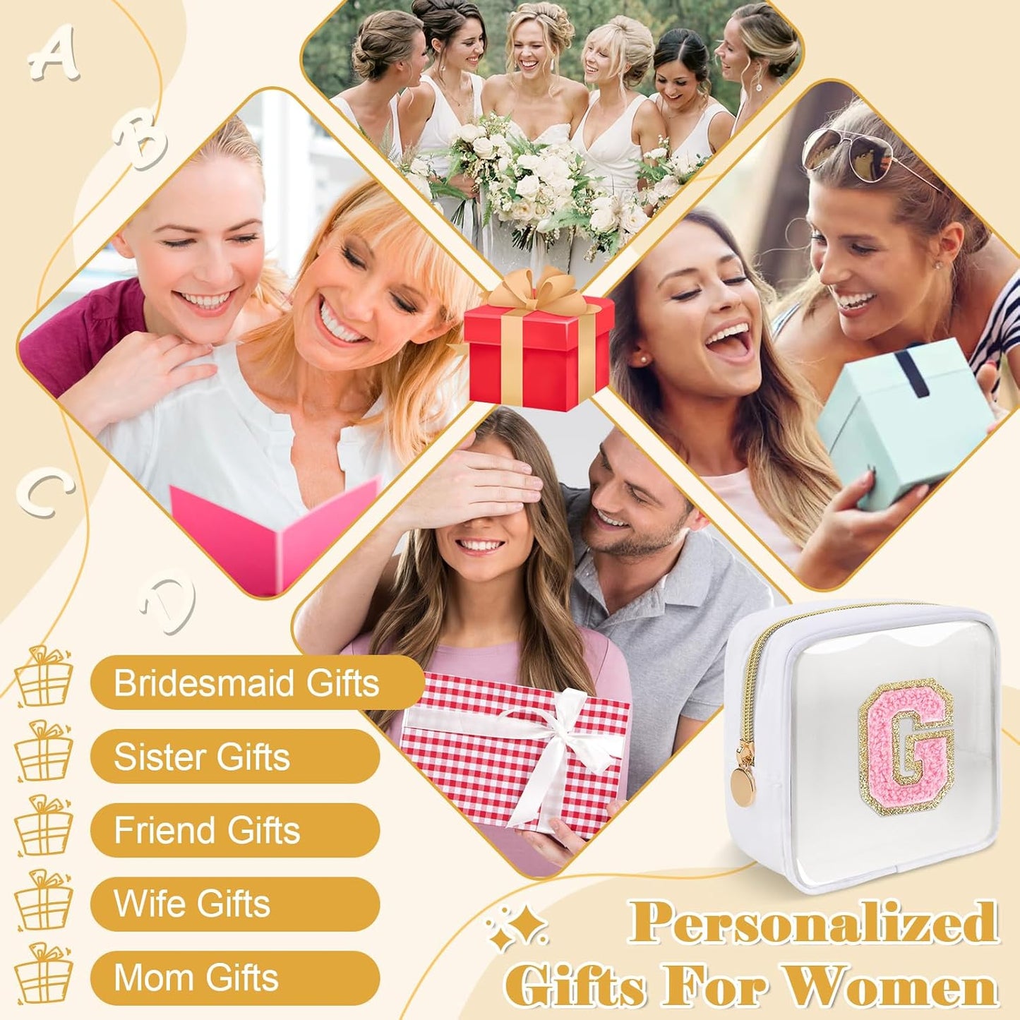 Personalized Initial Letter Clear Preppy Makeup Bag,Mini Nylon Chenille Letter Cosmetic Bag Cute