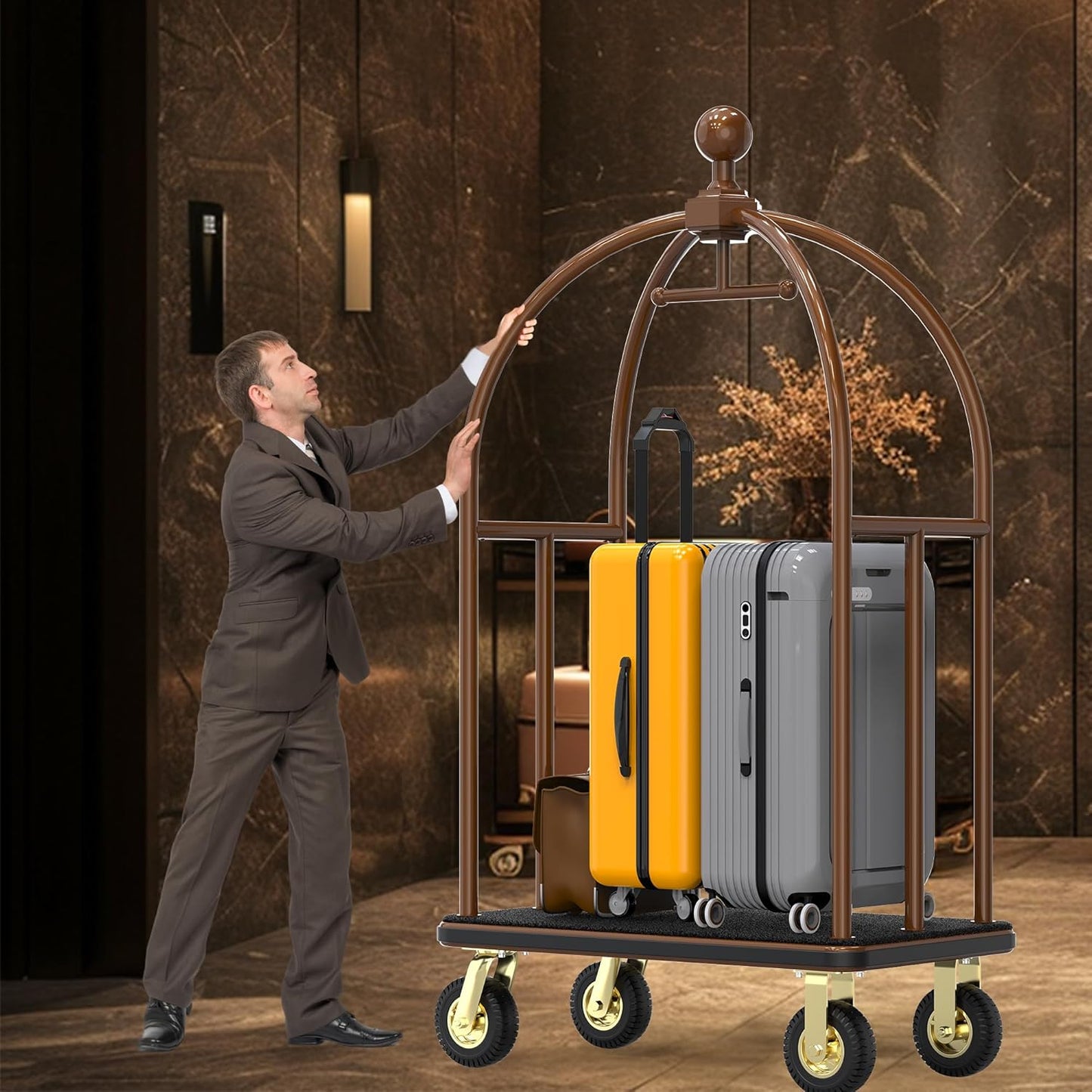 Hotel Luggage Cart,1100 lbs Brushed Stainless Steel Bellman Trolley, Valet Cart with Black Nylon Carpeted Deck Bumper Rails & 8-inch Silent Rubber Pneumatic Wheels– for Hotels, Resorts & Condos