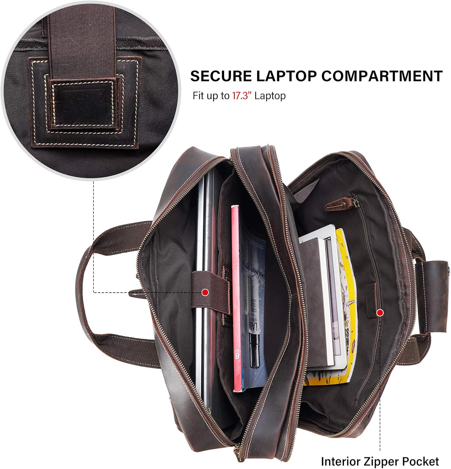Men's Solid Thick Full Grain Leather 17.3" Laptop Briefcase Classic Messenger Bag Fit Business