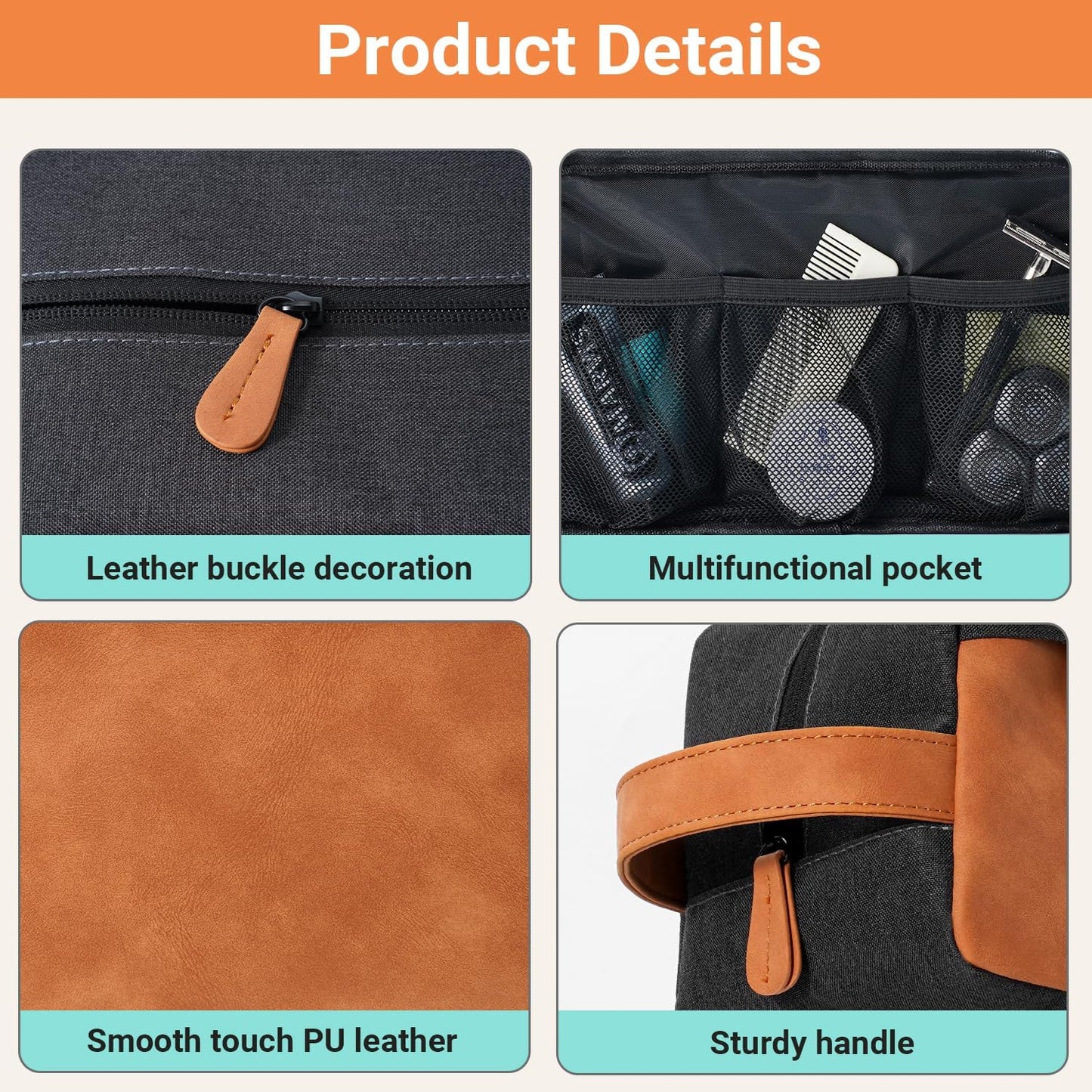 Elviros Travel Toiletry Bag for Men, Hanging Shaving Dopp Kit PU Leather Small Pouch Water Repellent Travel Essentials Organizer Gift for Dad, Black