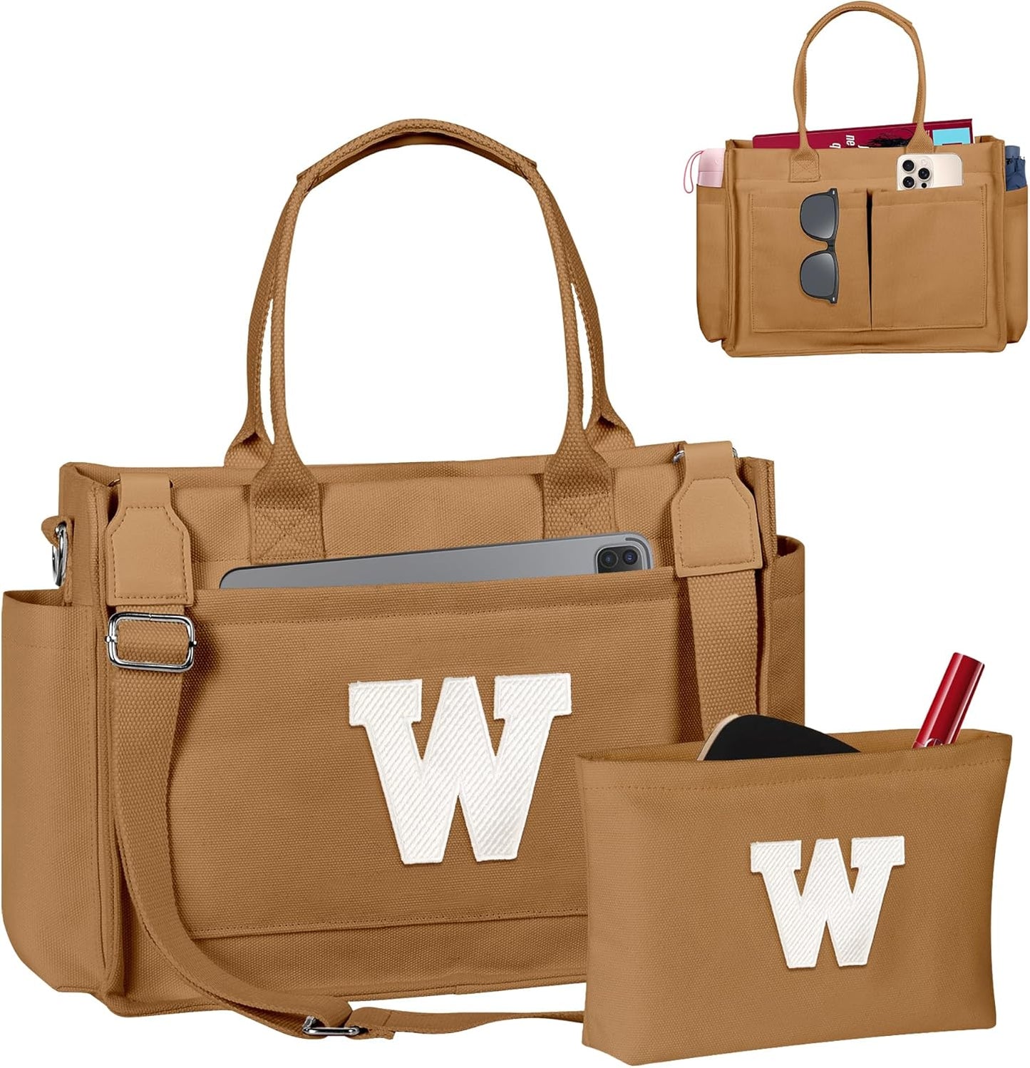 Gifts for Women Teen Girls, Initial Tote Bag with Zipper, Letter Canvas Tote Purse for College Work Laptop Beach