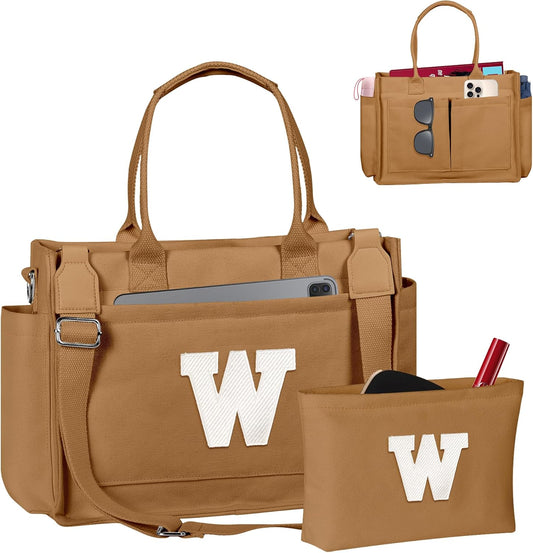 Gifts for Women Teen Girls, Initial Tote Bag with Zipper, Letter Canvas Tote Purse for College Work Laptop Beach