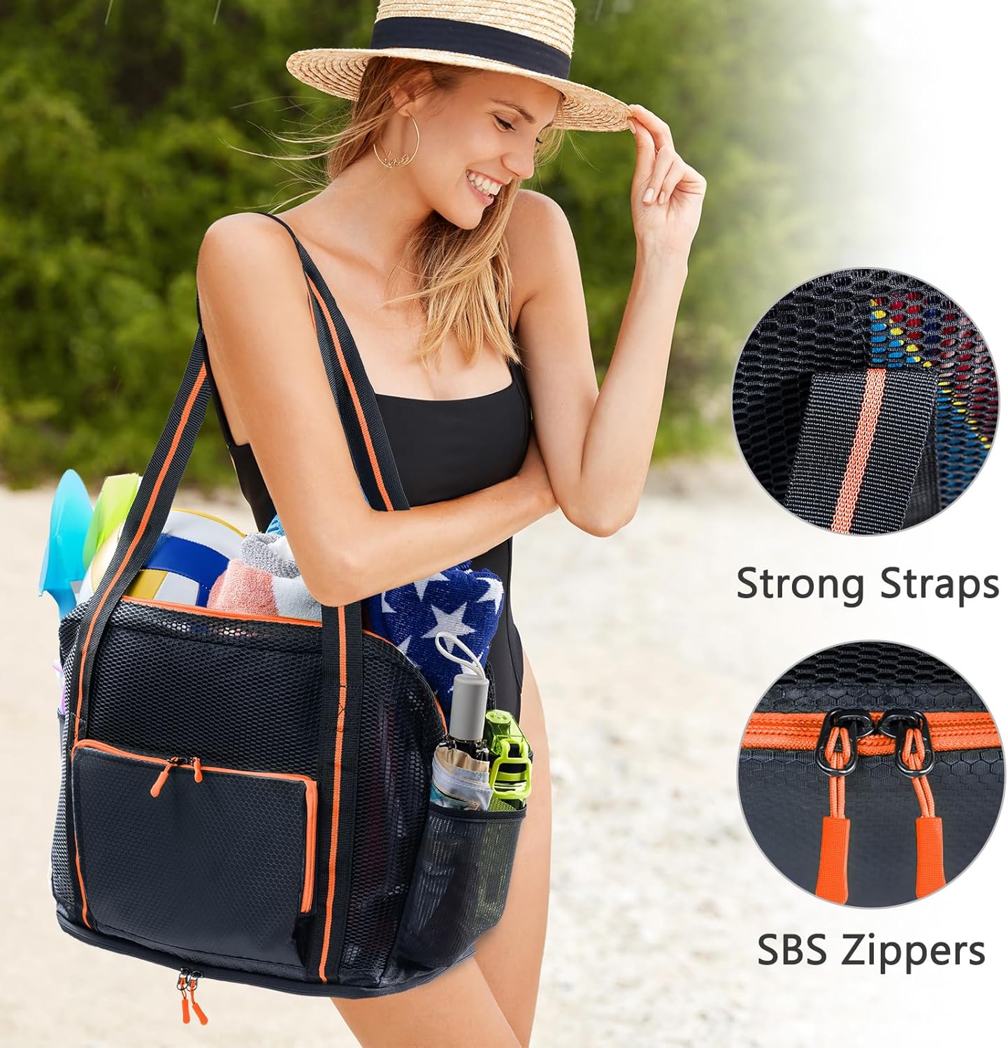 Large Mesh Beach Bag - XL Beach Tote Sandproof - Swim Bag - Large Pool Tote with Pockets for Toiletries, Towel