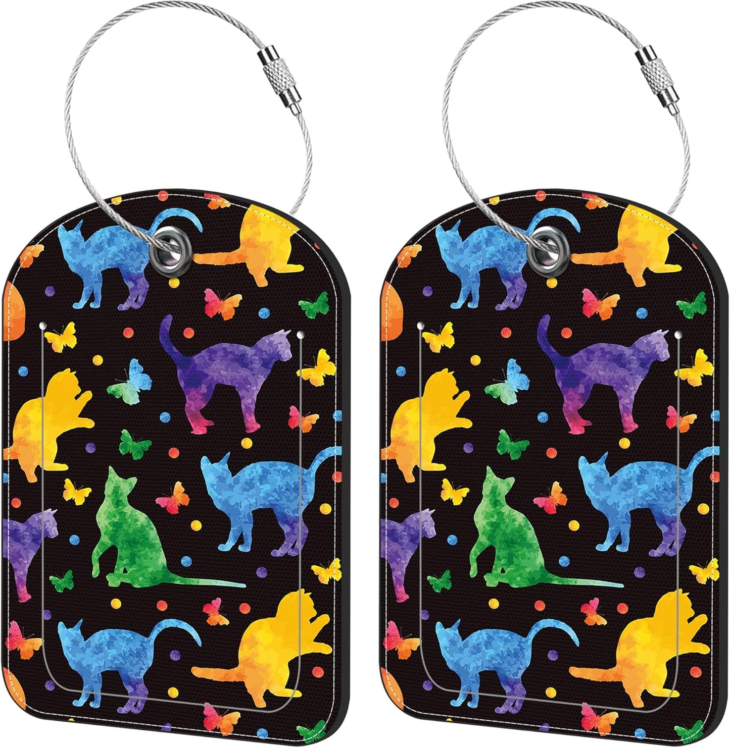 2 Pack Cute Luggage Tag for Suitcases Rainbow Cat Leather Luggage Tags with Stainless Steel Loop Privacy Flap Name Tags,Men and Women Travel Bag Suitcase Tags