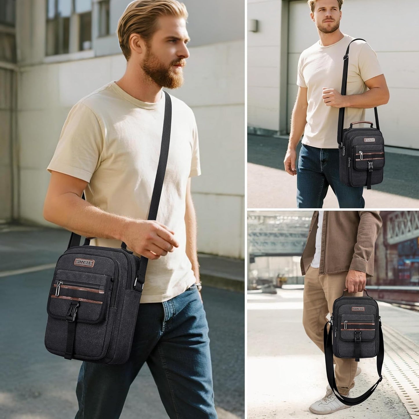 WITZMAN Crossbody Bag for Men Canvas Messenger Bags Vintage Man Purse Small Casual Shoulder Bag for Work Traveling