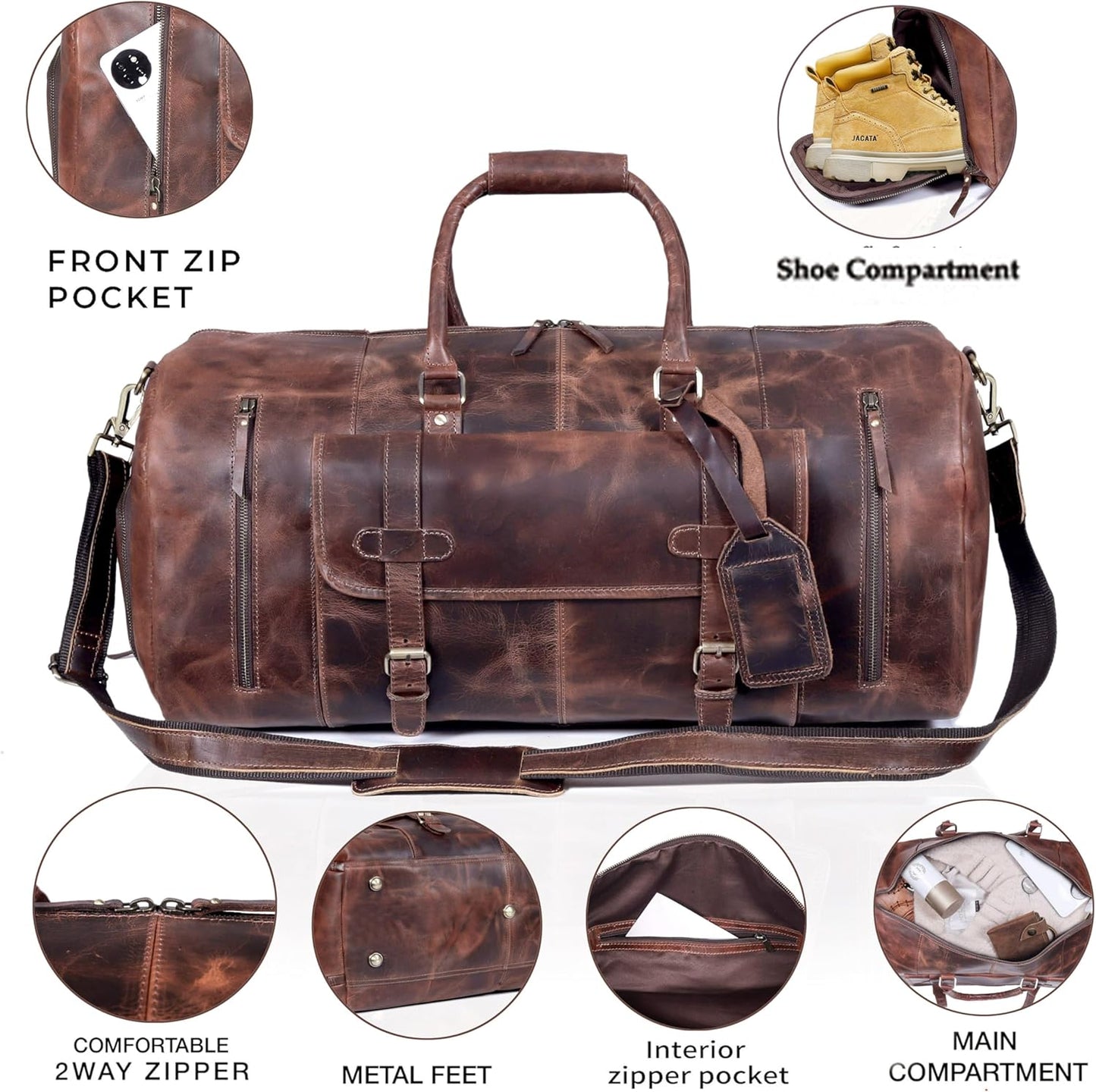 28" Large leather Travel Bag Duffel bag Gym sports flight cabin bag Leather Holdall Overnight Weekend Large luggage bag (28 inch)