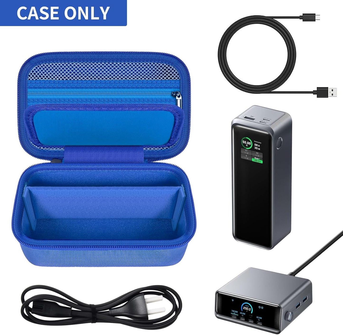 Case Compatible with Anker Prime Power Bank, 27,650mAh 3-Port 250W& for Prime USB C Charging Station, Storage Travel Holder for Anker Prime Charging Base, Portable Chargers, Cable-Blue (Box Only)