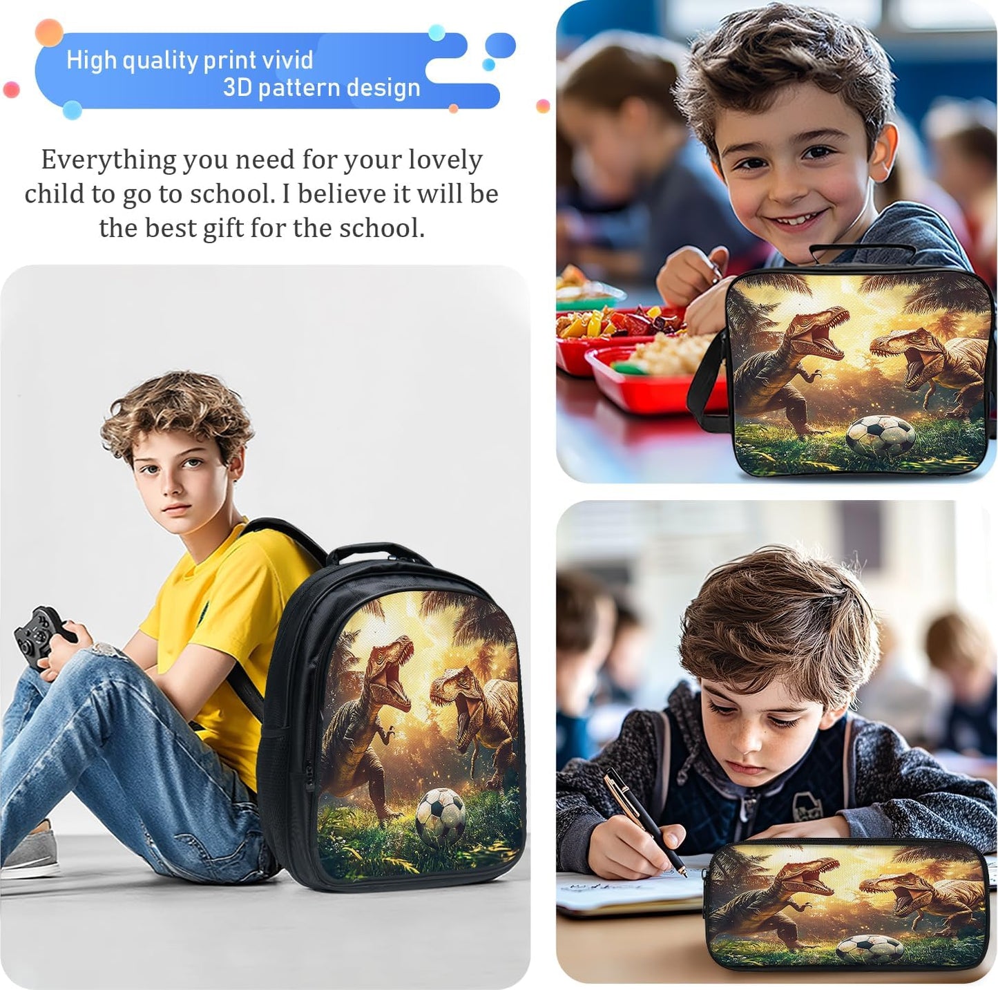 Funny Dinosaur Backpack Soccer School Bag 3PCS Backpack 16 Inch with Lunch Bag Set Lightweight for Teen Boys Girls Kids Elementary Middle School