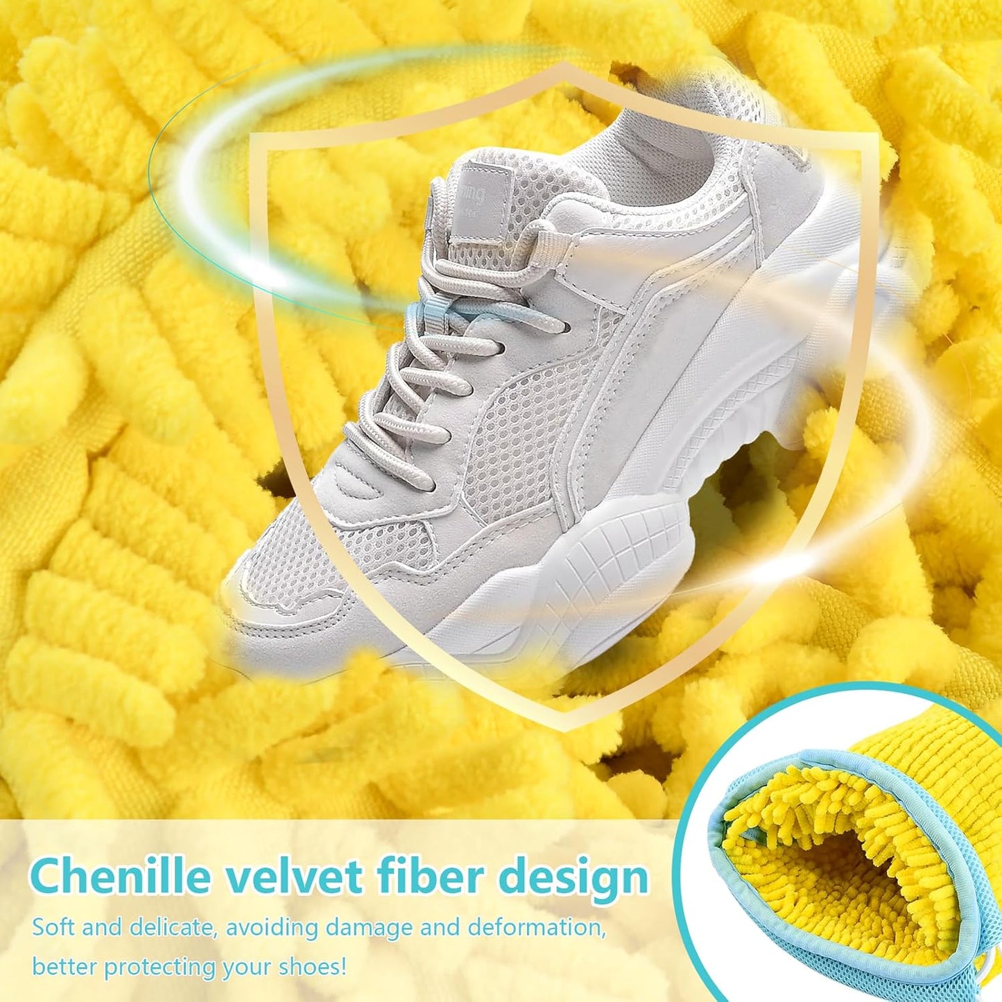 2Pcs Shoe Washing Machine Bag, Reusable Shoe Laundry Bag, Sneaker Washing Machine Bags, Shoe Cleaning Wash Bag with 360° Cleaning Fibers & Adjustable Drawstring, Fits Most Shoes Washer (Yellow)