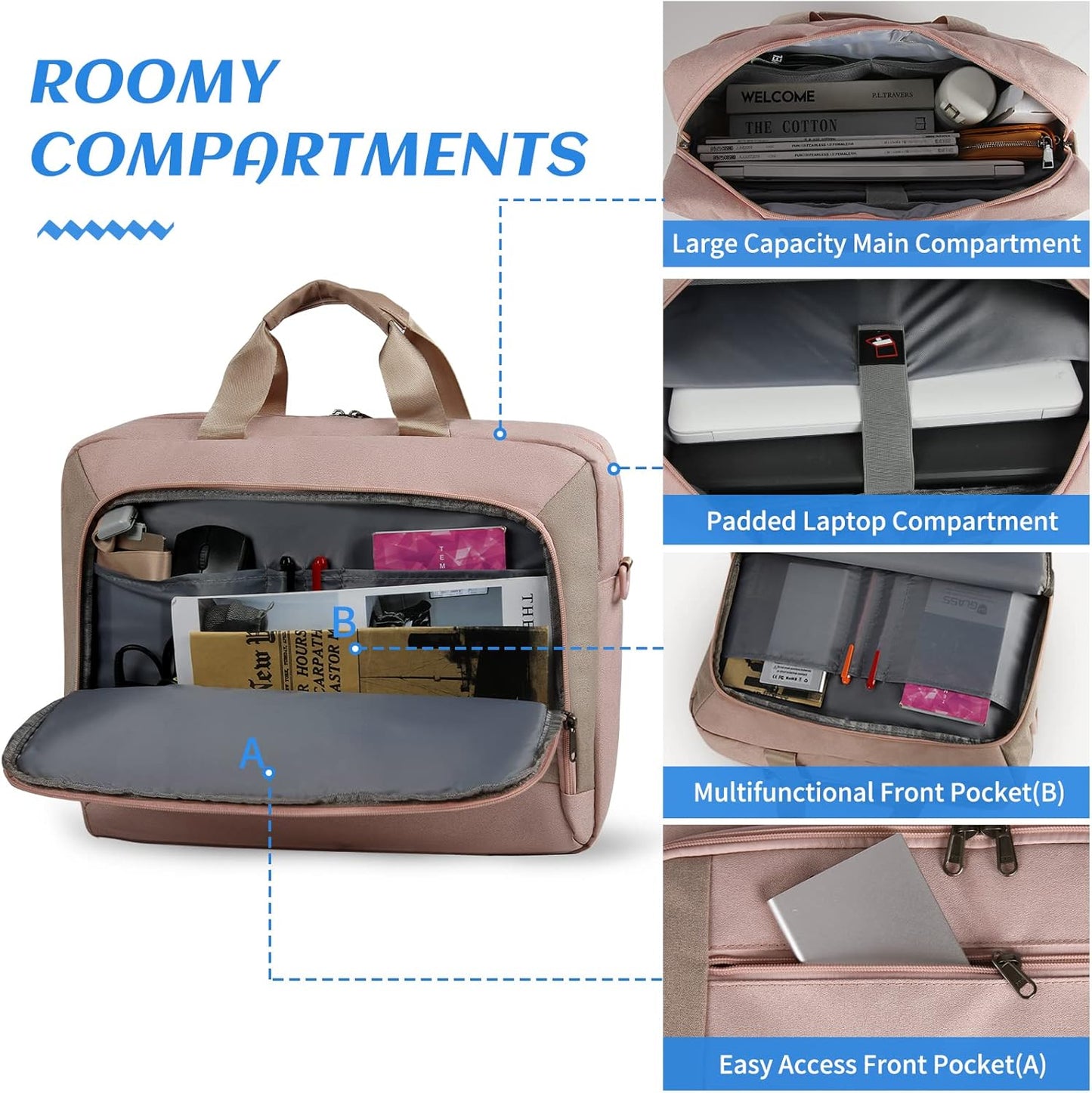 Laptop Bag 15.6 Inch Laptop Briefcase Computer Bag for Men Women Waterproof Business Office Work Large Laptop Case 15.6 Inch Adjustable Shoulder Messenger Bag Pink