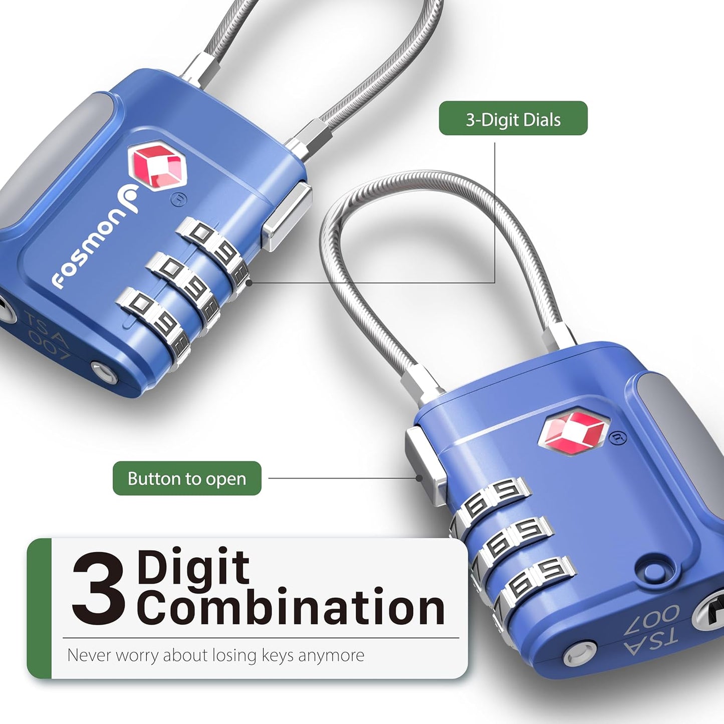 Fosmon TSA Approved Cable Locks for Luggage, Suitcase Locks with Push Release Button, 3 Digit Long Shackle Combo Wire Locks for Backpack, Gym Locker