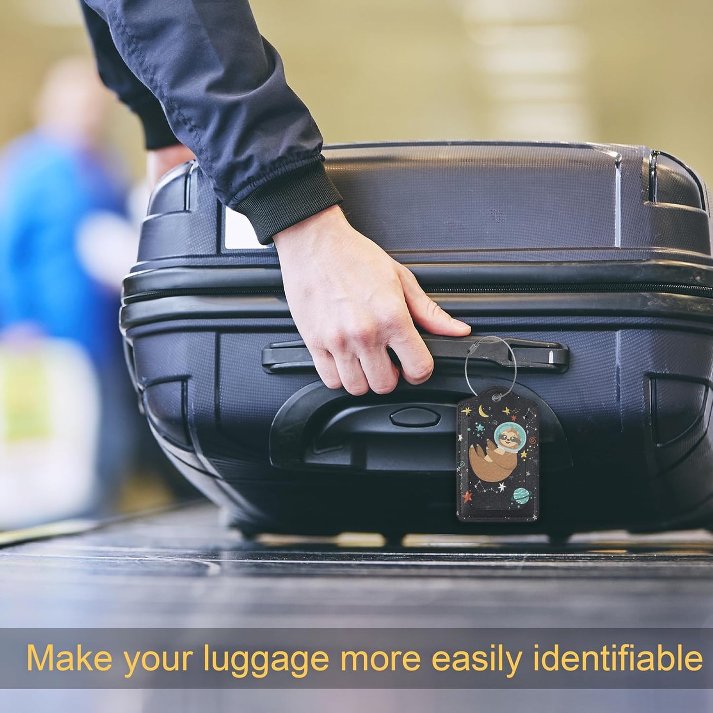 2 Pack PU Leahter Luggage Tag with Stainless Steel Loop,Sloth Space Travel Luggage Tag Travel Suitcase Labels with Privacy Cover ID Label Quickly Spot for Bags & Baggage