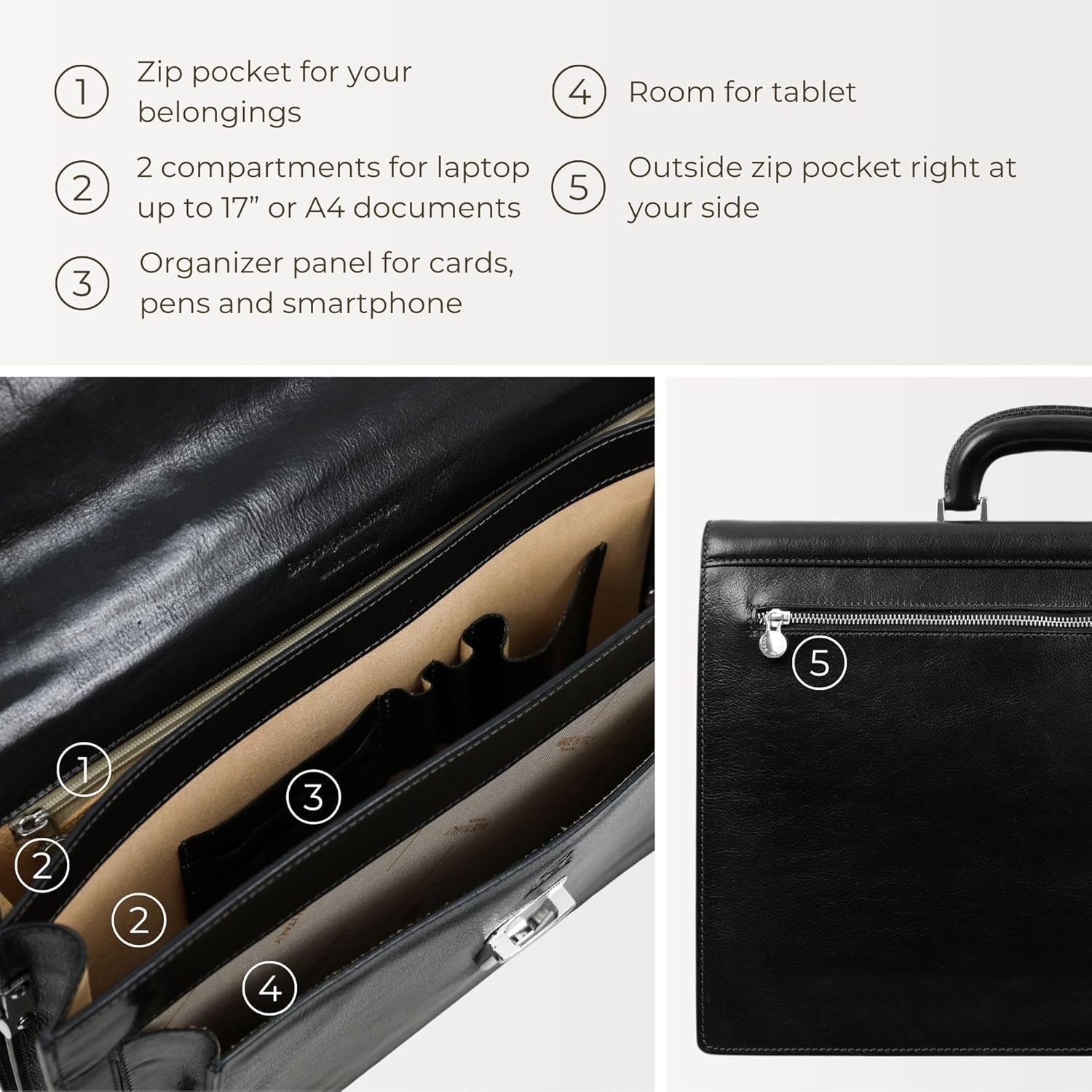 Time Resistance Leather Briefcase - Italian Handmade Laptop Bag - Work Bag for Men and Women