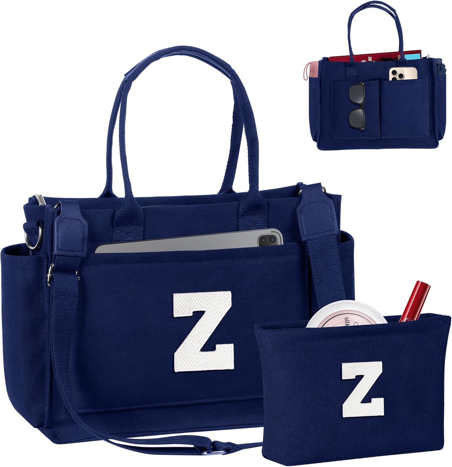 Gifts for Women Teen Girls, Initial Tote Bag with Zipper, Letter Canvas Tote Purse for College Work Laptop Beach