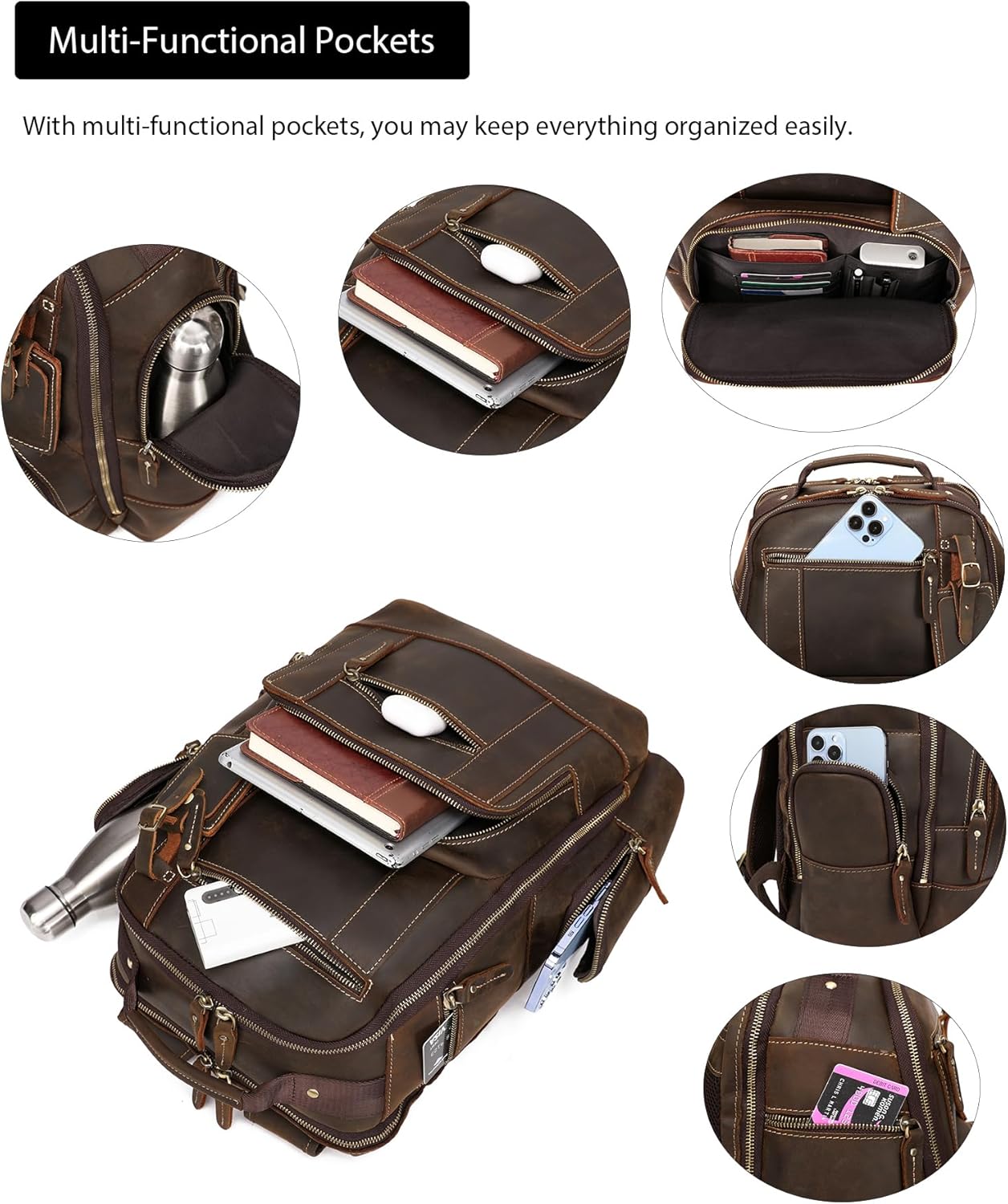 LANNSYNE Vintage Genuine Leather Backpack for men, 15.6" Laptop Backpack Travel Camping 24L Rucksack