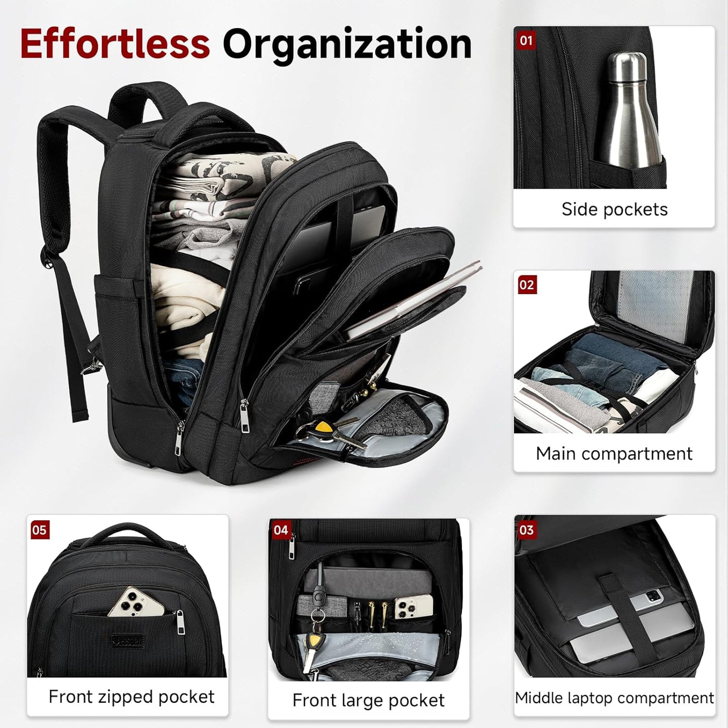 Rolling Backpack for Women Adults with wheels, 17.3 Inch Laptop Backpack Bag with Wheels for Travel Work Business (1Pc Black Backpack with 3 Packing Cubes)