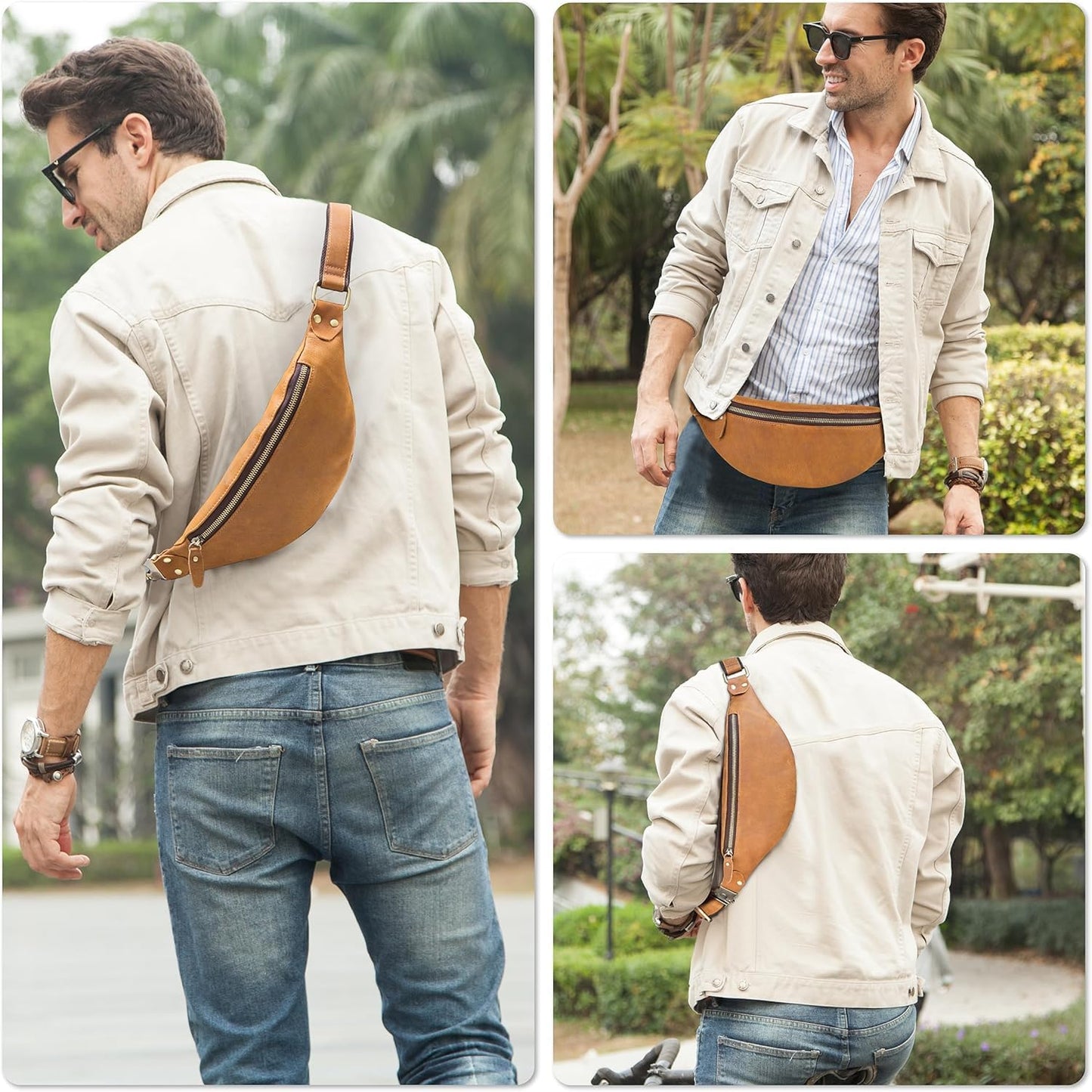Slim Genuine Leather Waist Pack for Men Women Vintage Crossbody Fanny Pack Travel Riding Detachable Belt Bag (Vintage Brown)