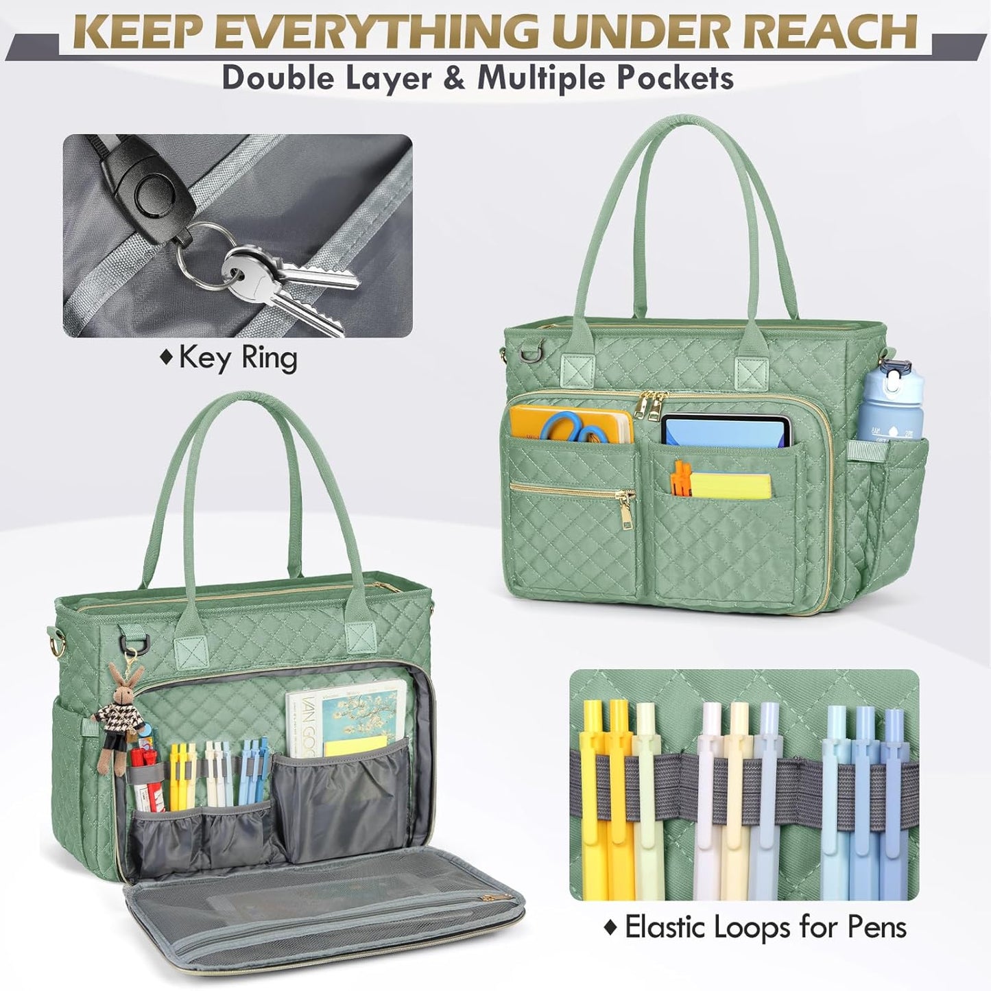RAINSMORE Teacher Tote Bag 15.6 inch Laptop Bag for Women Work Bags Laptop Tote Nurse Bag Professional Computer Messenger with Insulated Pocket, Laptop Briefcase for Office, College, Mint Green