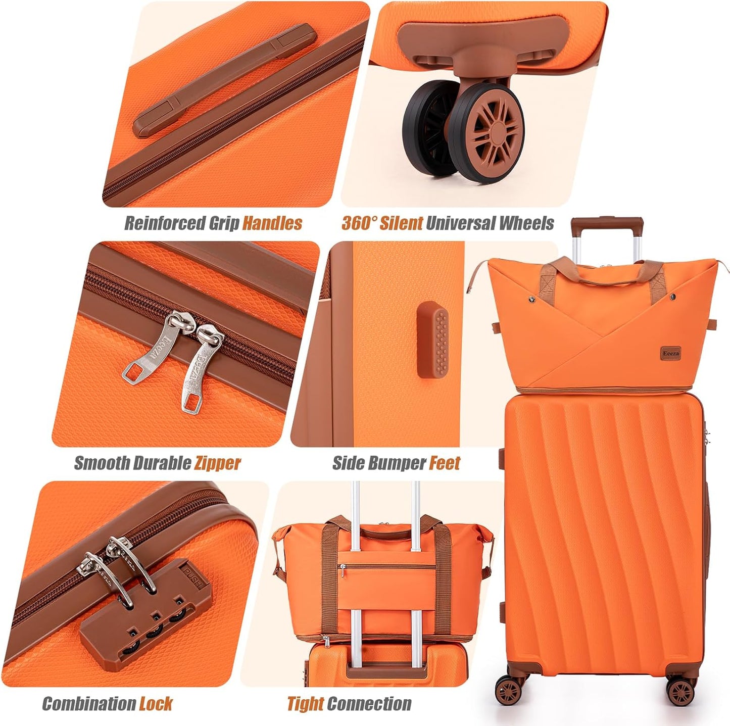 Carry on Luggage Sets 22x14x9 Airline Approved Durable Travel Luggage Suitcases with Wheels,ABS Hard Case Suitcases with Spinner Wheels,(Orange,3 Piece Sets(20"/DB/TB))