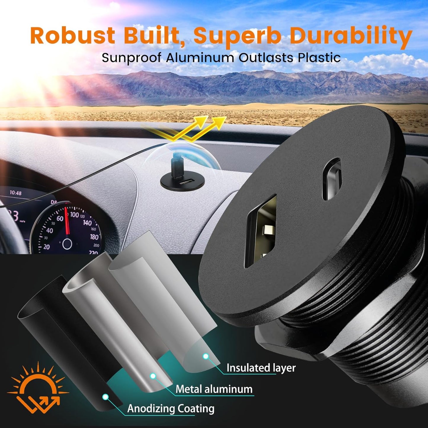 12V USB Outlet Alumium Charger, 48W PD and QC 3.0 USB C Cigarette Lighter Replacement, RV USB Outlet Wall Mount, 12 Volt Socket no Light for RV Trailer Camper Van Car Boat 24V (1Pc)
