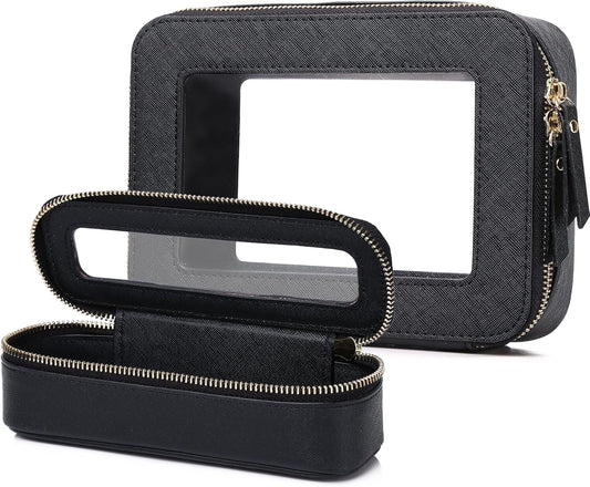 Clear Travel Makeup Bag with Brush Case Portable Transparent Cosmetic Bag and Toiletry Bag Waterproof Makeup Organizer with Zipper Car Essential for Women (Black, M+Slim)