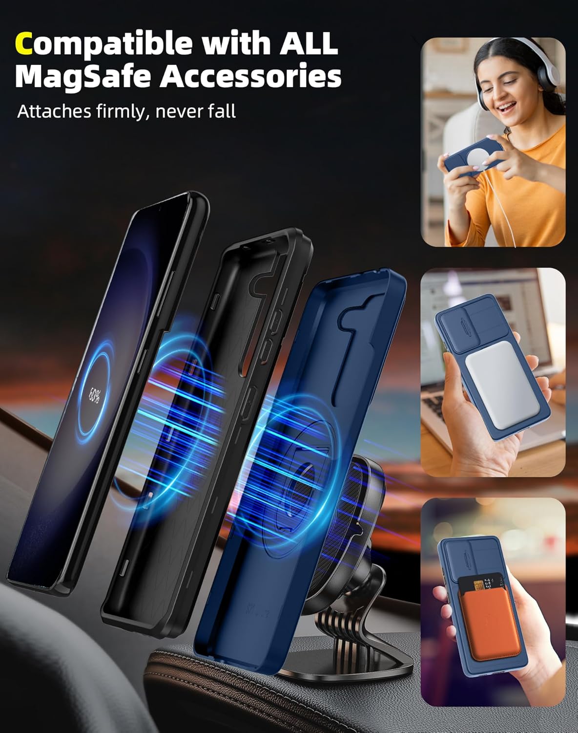 for Samsung Galaxy S23 Case Magnetic Compatible with MagSafe Wireless Charging,with Screen Protector,Built-in Kickstand Ring+Camera Cover Anti-Scratch Shockproof Heavy Duty Protection Blue