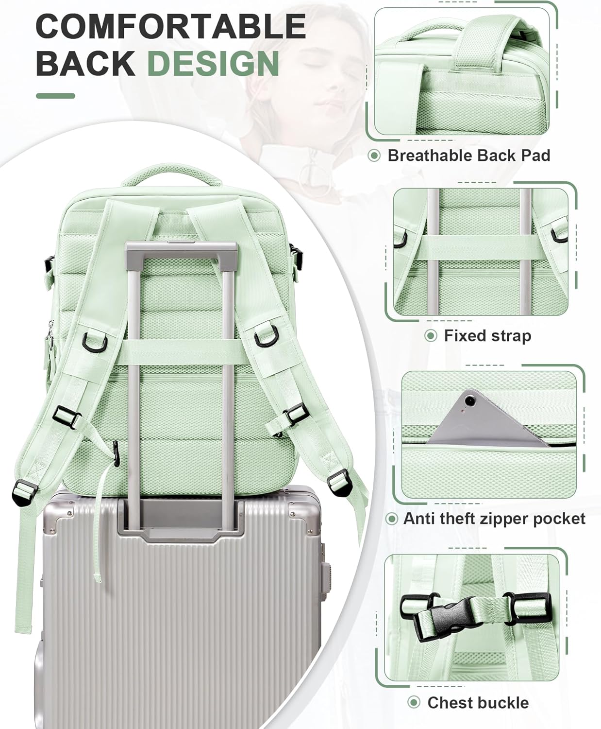 VGCUB Travel Backpack for Women Men for Spirit Airlines Personal Item Bag 18x14x8 Inches Laptop College Backpack,Waterproof Carry on Flight Approved Work Backpack Mochila de Viaje,Large Mint green