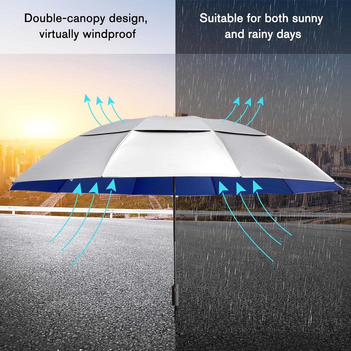 Prospo 46/62 Inch Large Travel Umbrellas for Rain Windproof, 10 Ribs Compact Reverse Folding Golf Umbrella, Double Canopy Automatic Open Close