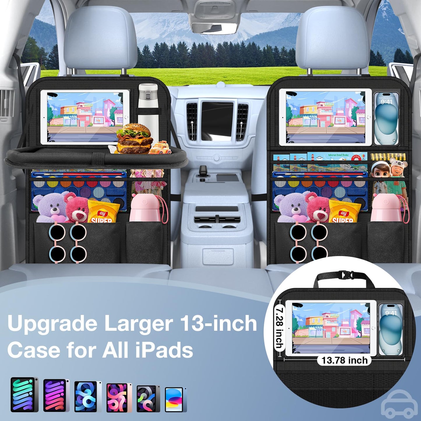 Oneyus Car Backseat Organizer with Table Tray(2-Pack) 9 Storage Pockets Backseat Car Organizer and