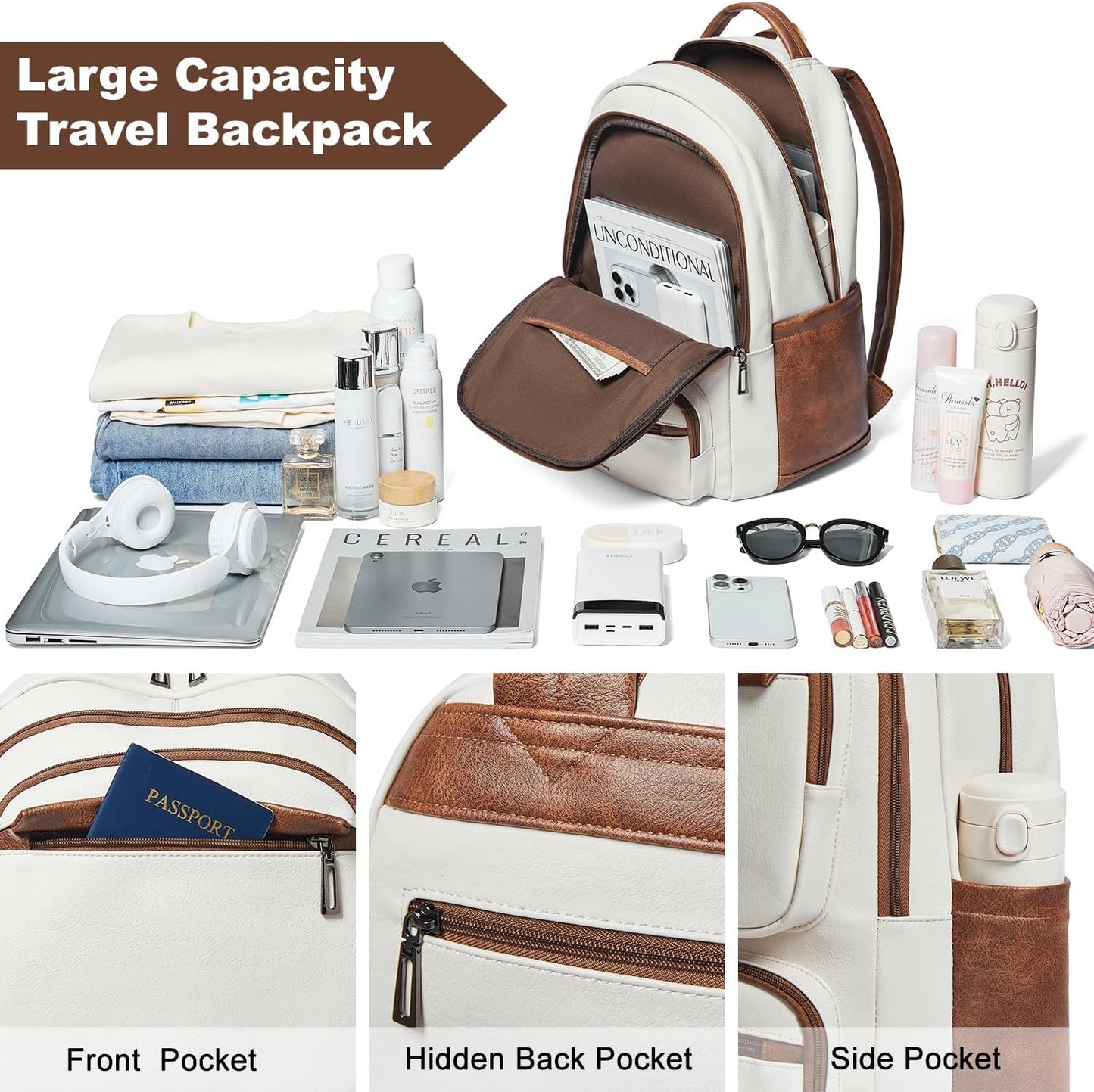 43L Backpack Purse For Women Leather Shoulder Diaper Bookbag Tote 17 16 15.6 Inch Laptop Bag Handbags For Travel Work College Large Beige