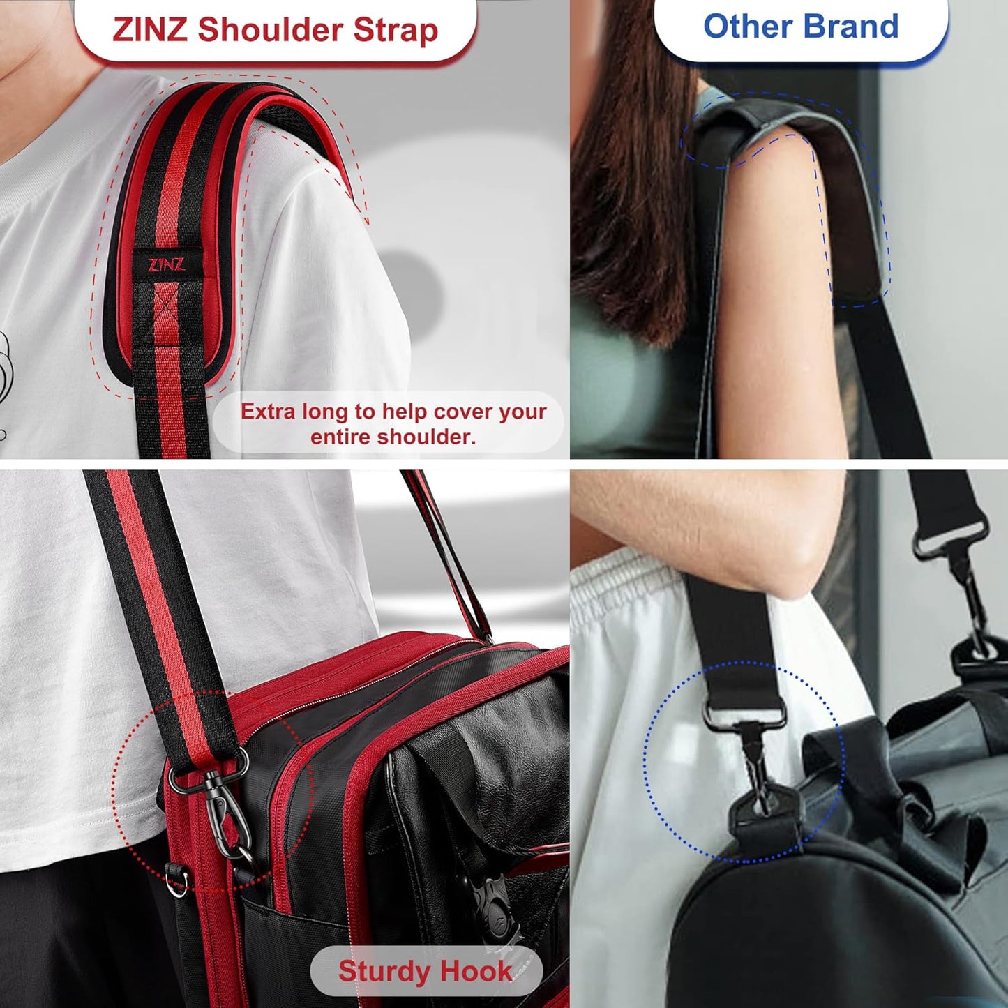 ZINZ 60" Universal Strap with Ultra-thick Fixed Breathable Pad - Adjustable Heavy-duty Shoulder Strap for Laptop, Crossbody Luggage, Gym Bag, Camera Bag and More - TW01B02