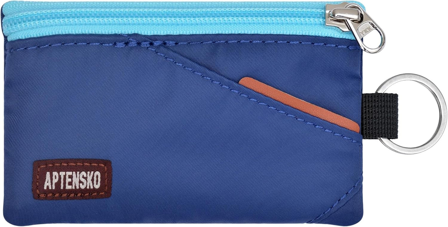 RFID Travel Wallet with Adjustable Lanyard-Zipper Small Wallet with ID Card Holder, Keychain for women&men-Minimalist Slim Waterproof Nylon case for ID, Cash, Key (Navy Blue)