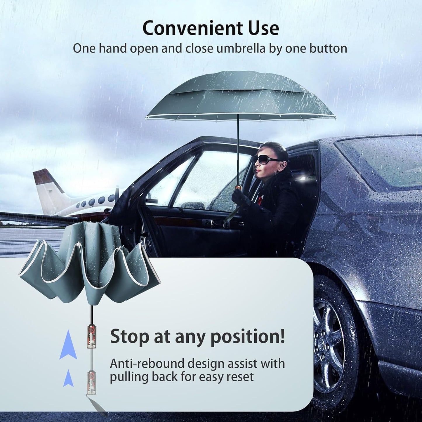 Urvoix Compact Golf Umbrellas Windproof, Travel Umbrella for Rain, 10 Ribs Aluminum Alloy & Fiberglass w/Reflective Stripe, Double Canopy Automatic Anti-bounce Close