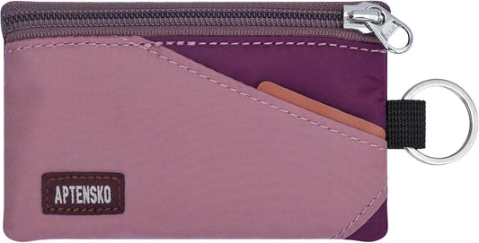 RFID Travel Wallet with Adjustable Lanyard-Zipper Small Wallet with ID Card Holder, Keychain for women&men-Minimalist Slim Waterproof Nylon case for ID, Cash, Key (Mauve+Plum Wine)