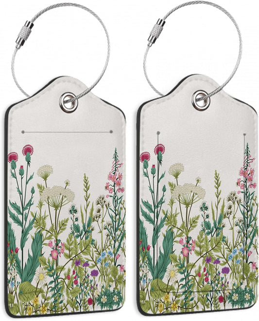 Luggage Tags for Suitcase,2 Pack Colorful Wildflower Herb Luggage Tag PU Leather Privacy Cover ID Label with Stainless Steel Loop for Women Men Teens Travel