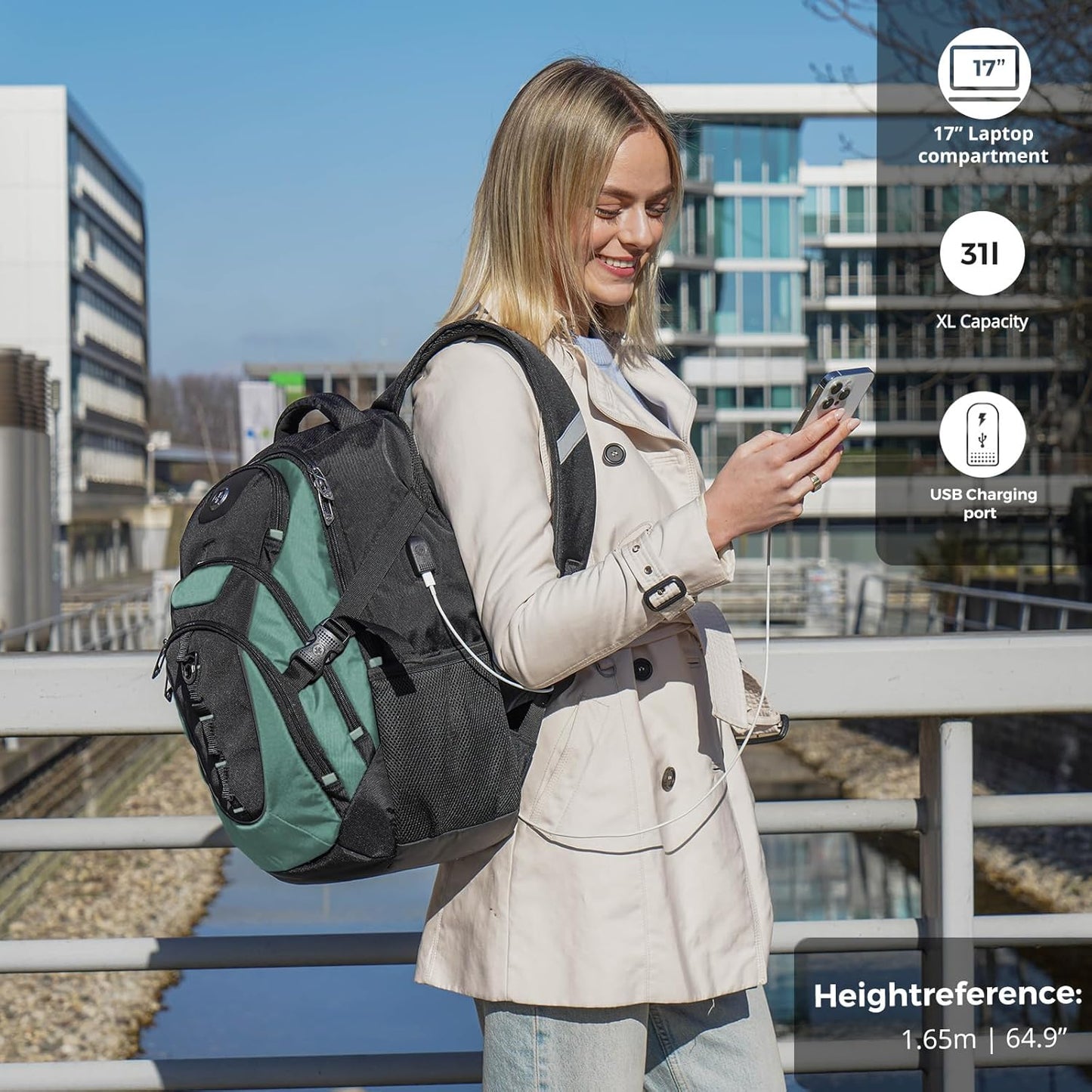 Swissdigital Design Laptop Backpack with USB Charging Port, Travel Backpack Fits 15.6 inches Computer, 31L College School Backpack for Men, Lake Green/Black | SD803