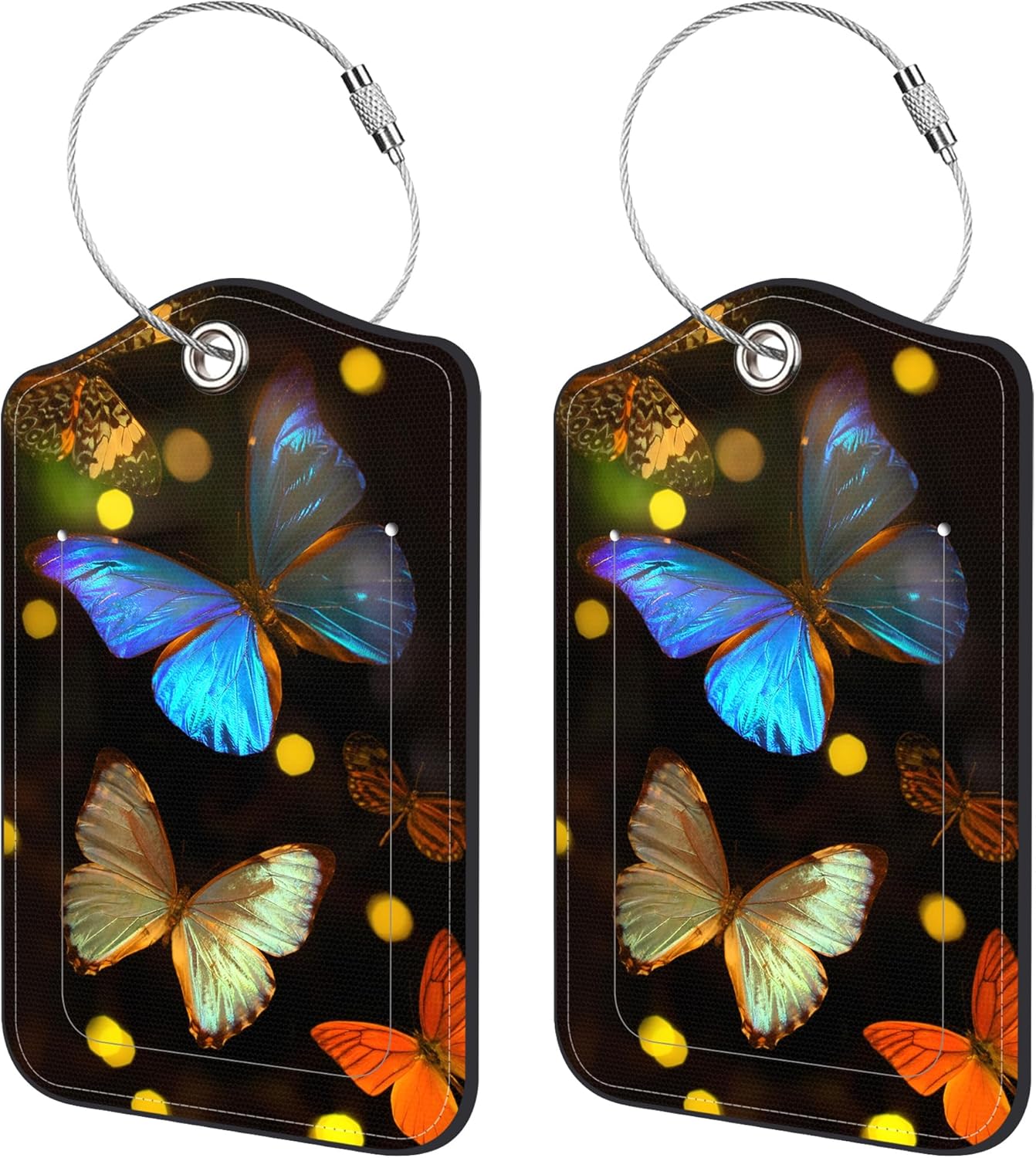 2 Pack Luggage Tags for Suitcase,Golden Butterflies PU Leather Idea Baggage Tag with Name Labels Privacy Cover Metal Ring Men and Women Travel Cruise Labels