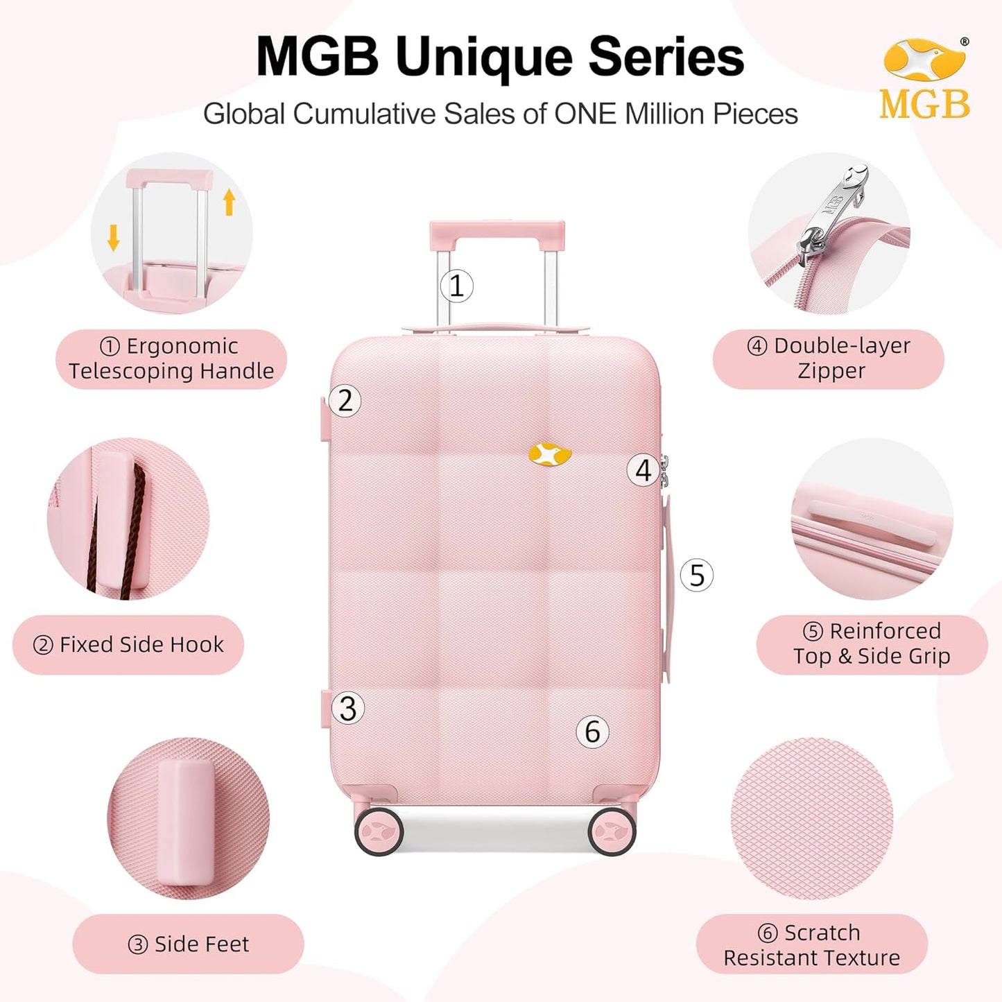 MGB 24 Inch Luggage Suitcases With Spinner Wheels Lightweight PC Hard Shell Rolling Suitcase With