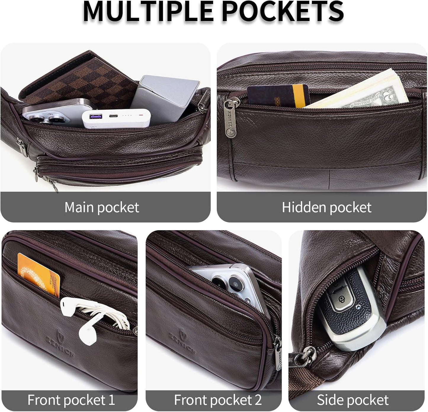 Genuine Leather Fanny Pack/Waist Bag/Organizer with Adjustable Belt, Multiple Pockets For Men and Women