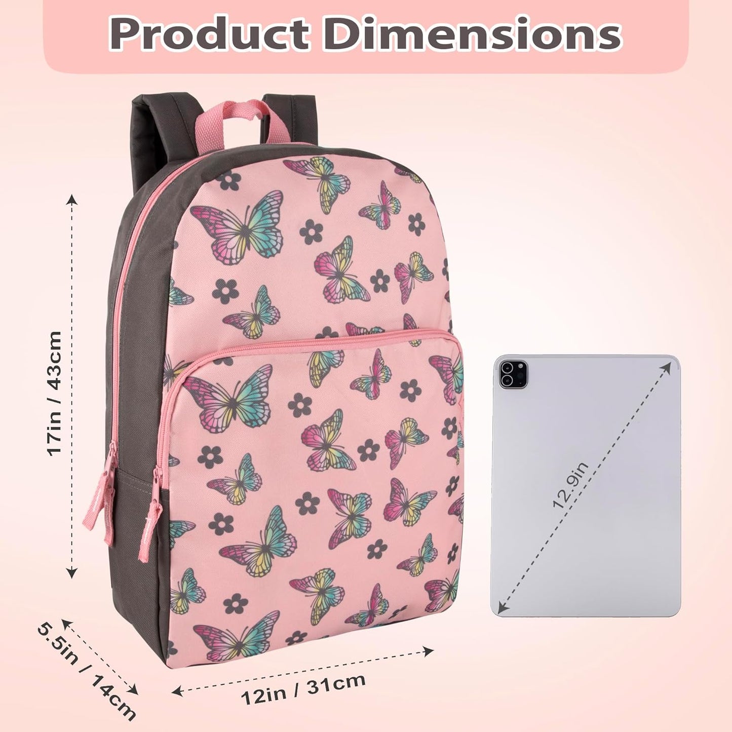 Fun School Backpack for Elementary Middle School Girls and Boys | 17 Inch Printed Backpacks for School Kids, Travel (Big Bold Butterflies)