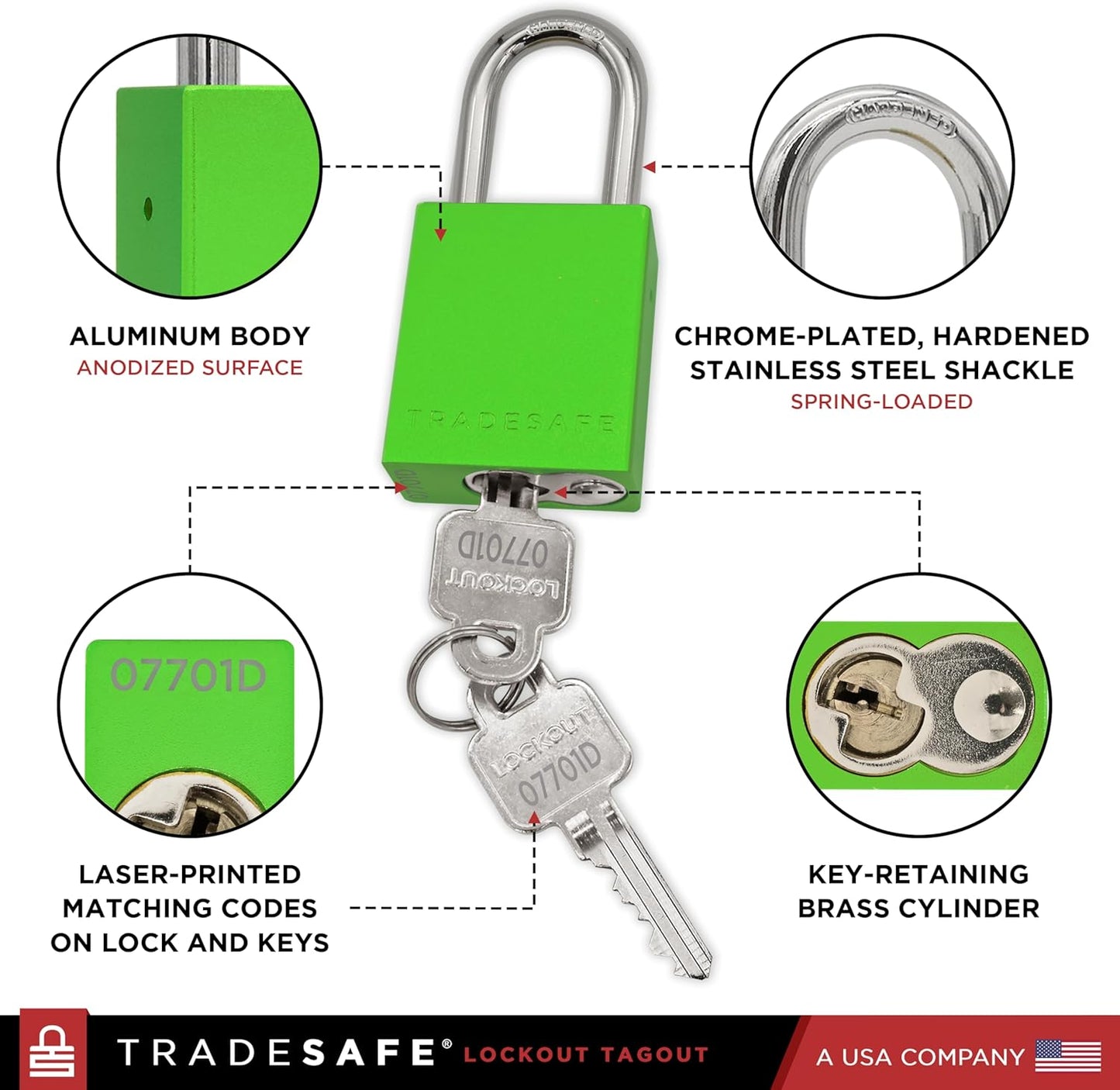 TRADESAFE Lockout Tagout Locks Set - 10 Green Aluminum Loto Locks, Keyed Different Lock Out Tag Out Padlocks, 2 Keys Per Lockout Padlock, OSHA Compliant