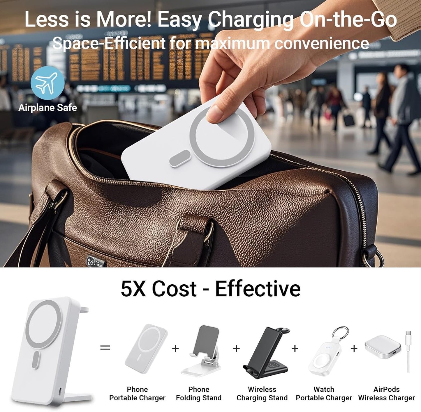 3-in-1 Portable Charger, 10000mAh Foldable Power Bank Fast Charging,MagSafe Charger Battery Pack Magnetic,Travel Wireless Charging Station for iPhone 17/16/15/14/13/12,iWatch, Air pods, White