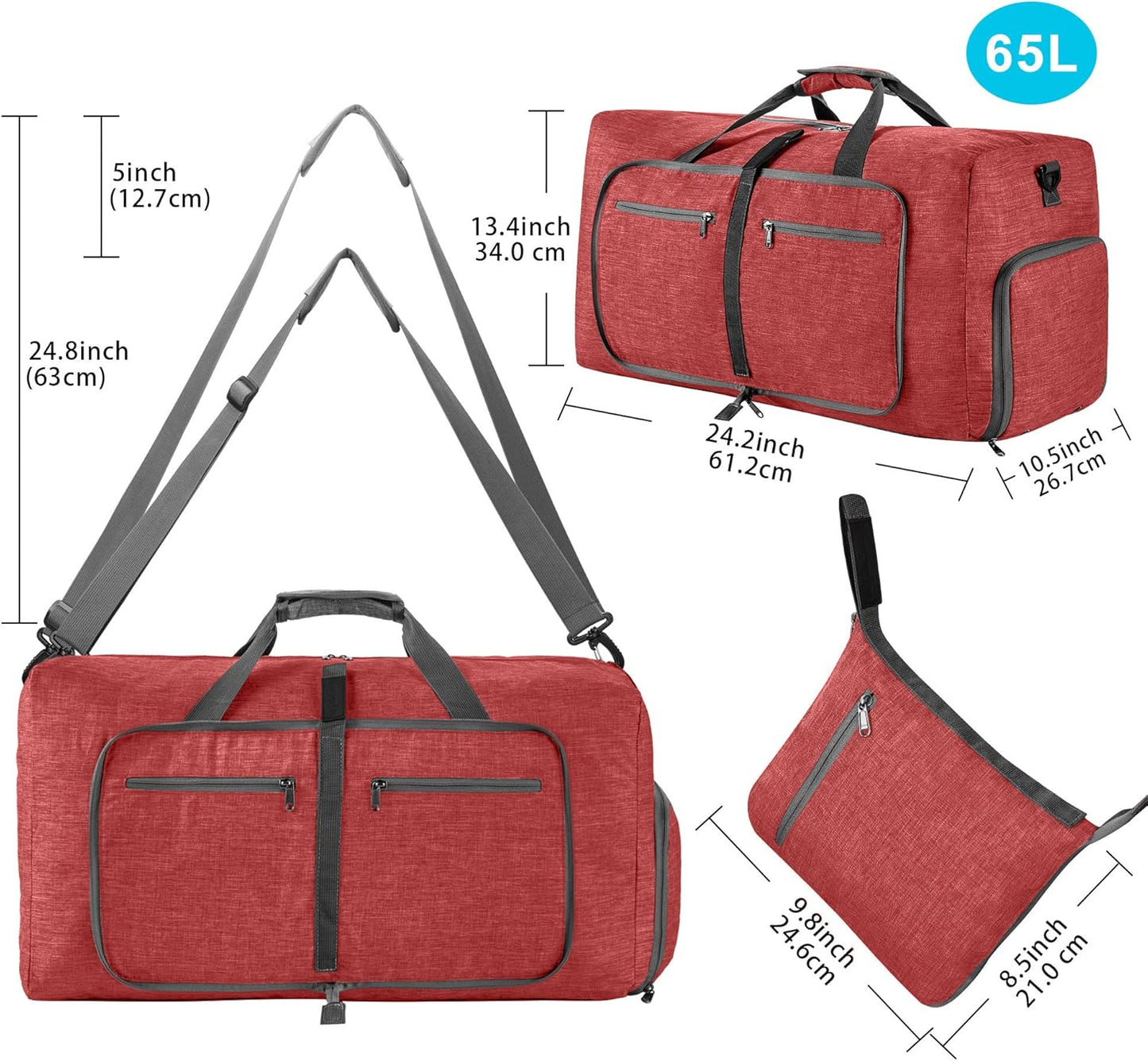Vomgomfom 65L/85L/115L Foldable Travel Duffle Bag, Lightweight Checked Luggage with Shoe Compartment, Water-Resistant Weekender Overnight Bag for Men & Women
