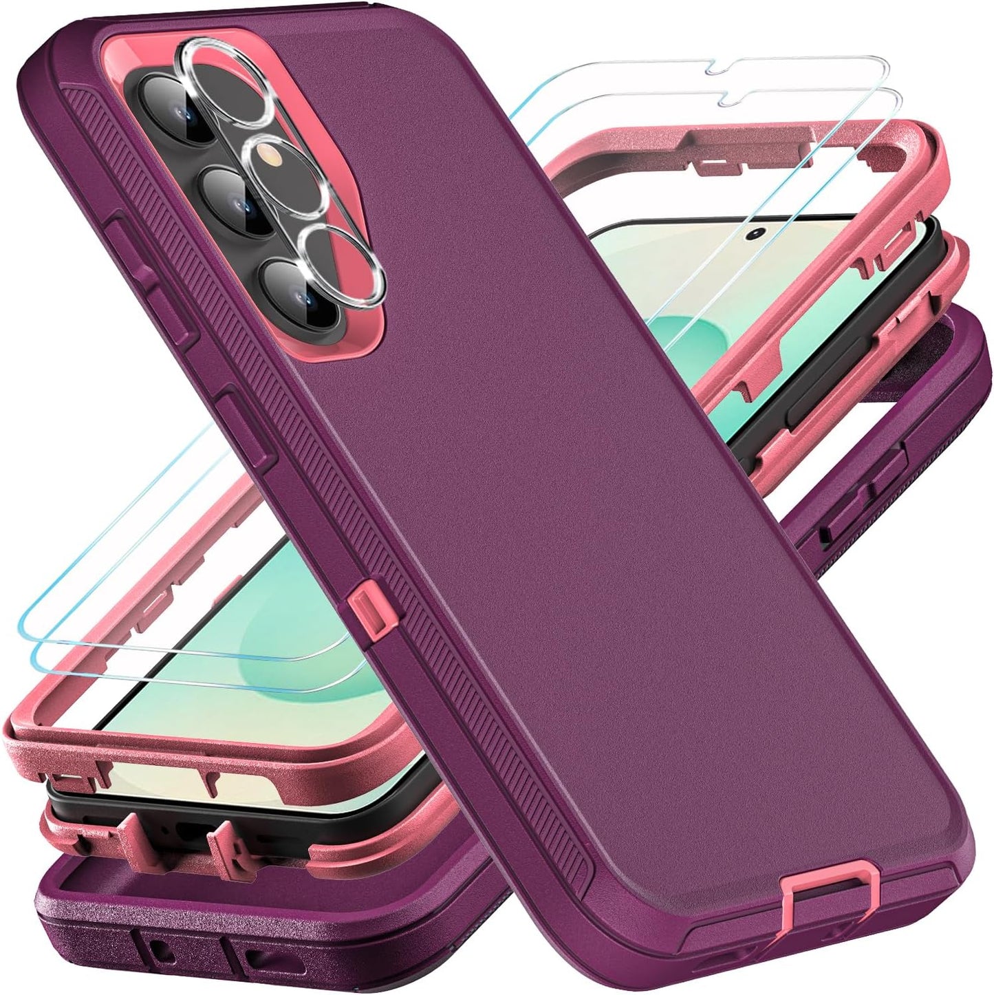 for Samsung Galaxy S25 Plus Case, Military Grade 3 in 1 Heavy Duty Shockproof/Drop Proof/Dust Proof Case with 2Pcs Tempered Glass Screen Protector & 1PcsCamera Lens Protector (Purple/Pink)