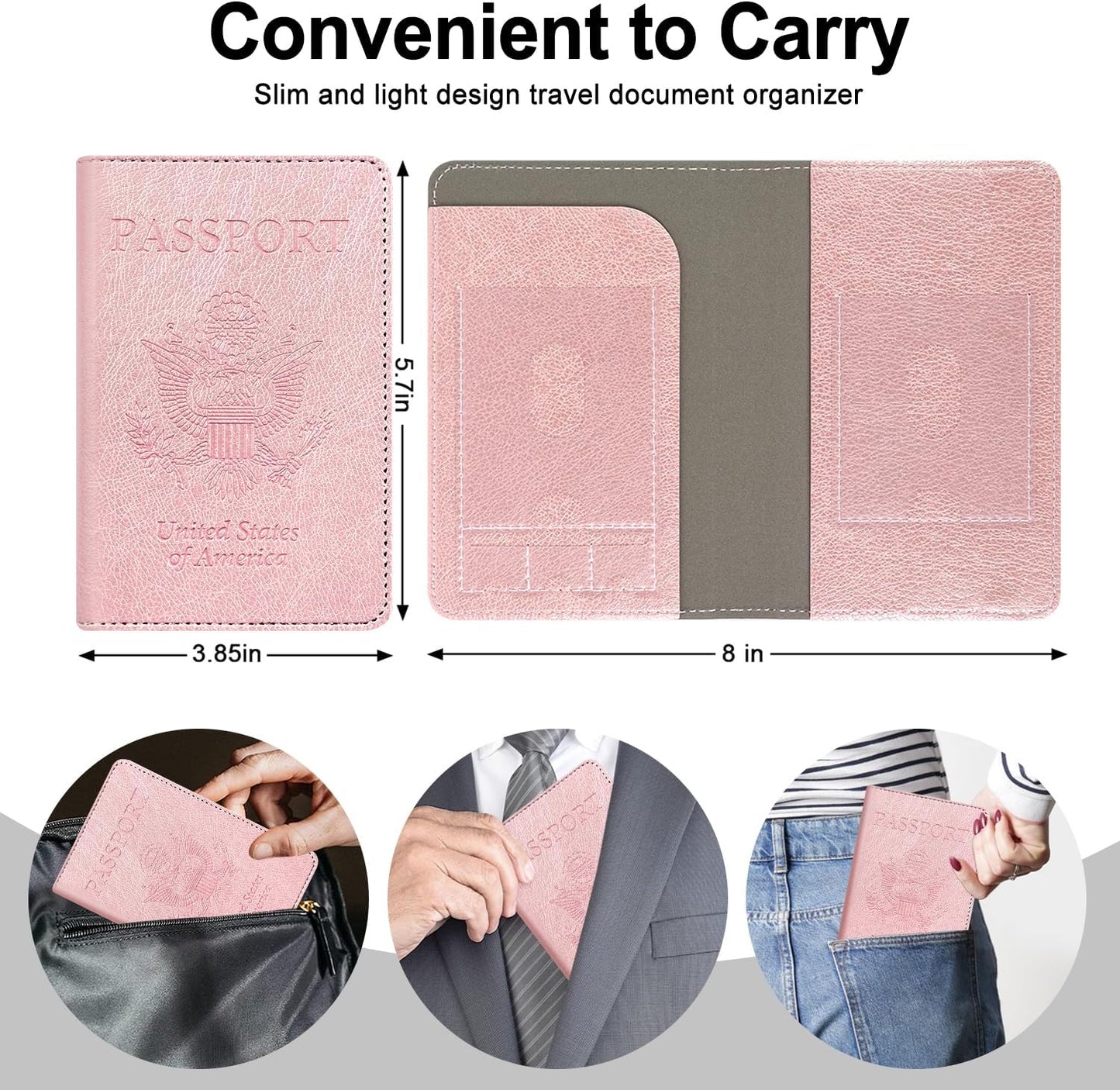 RSAquar Passport Holder for Women and Men, Premium PU Leather Travel Passport Wallet RFID Blocking Passport Cover Travel Documents Organizer (Rose Gold)