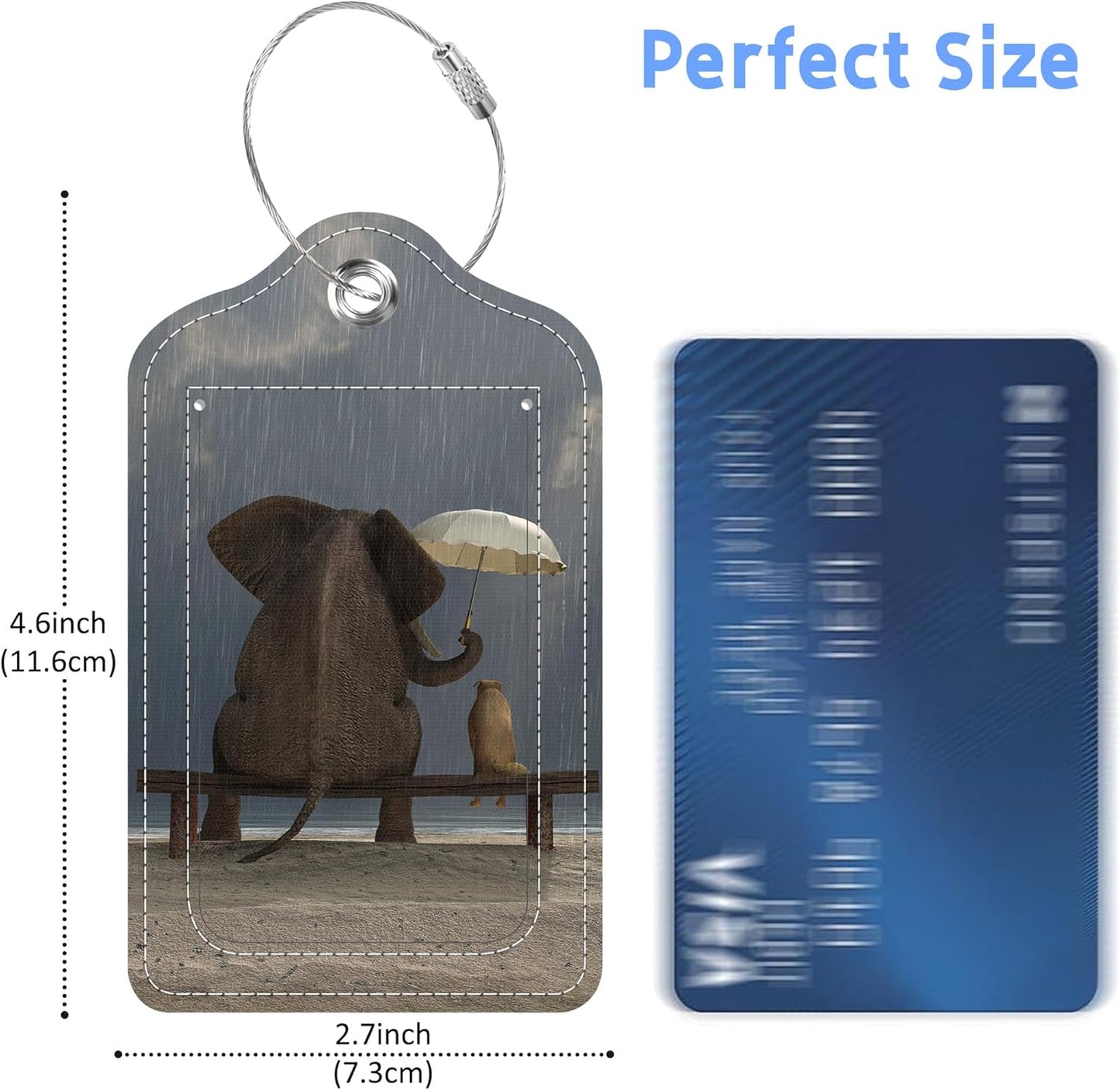 Elephant and Dog Sit Under The Rain Luggage Tags 2PCS PU Leather Suitcases Tag with Stainless Steel Loop and Privacy Name Address Cover Label Card for Women Men Travel