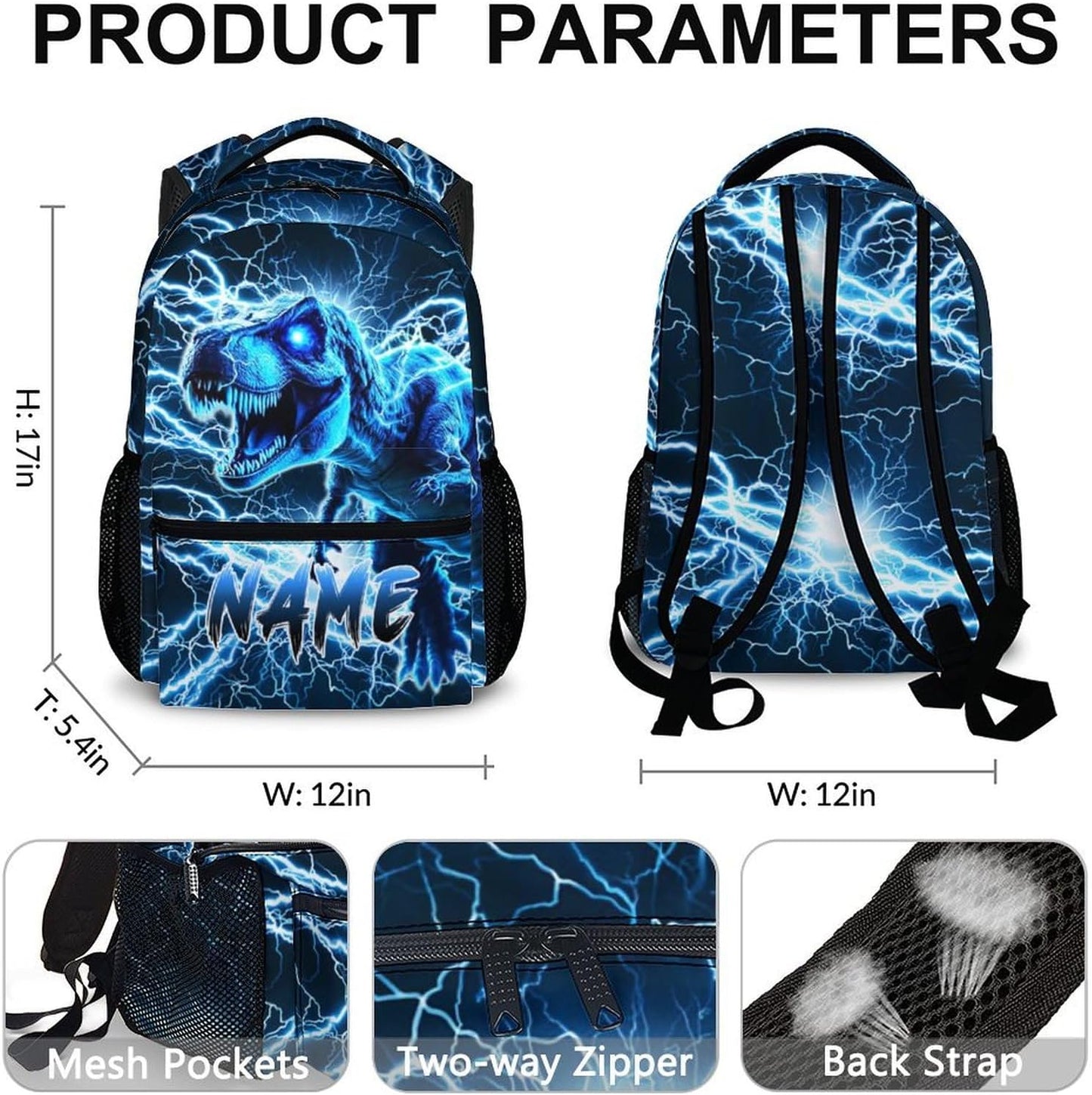 Dinosaur Backpack for Boys, Kids Custom Lightning Bookbag Gift with Name for Kindergarten Primary Senior Middle, 17 Inch Lightweight Cool Personalized Backpacks for School